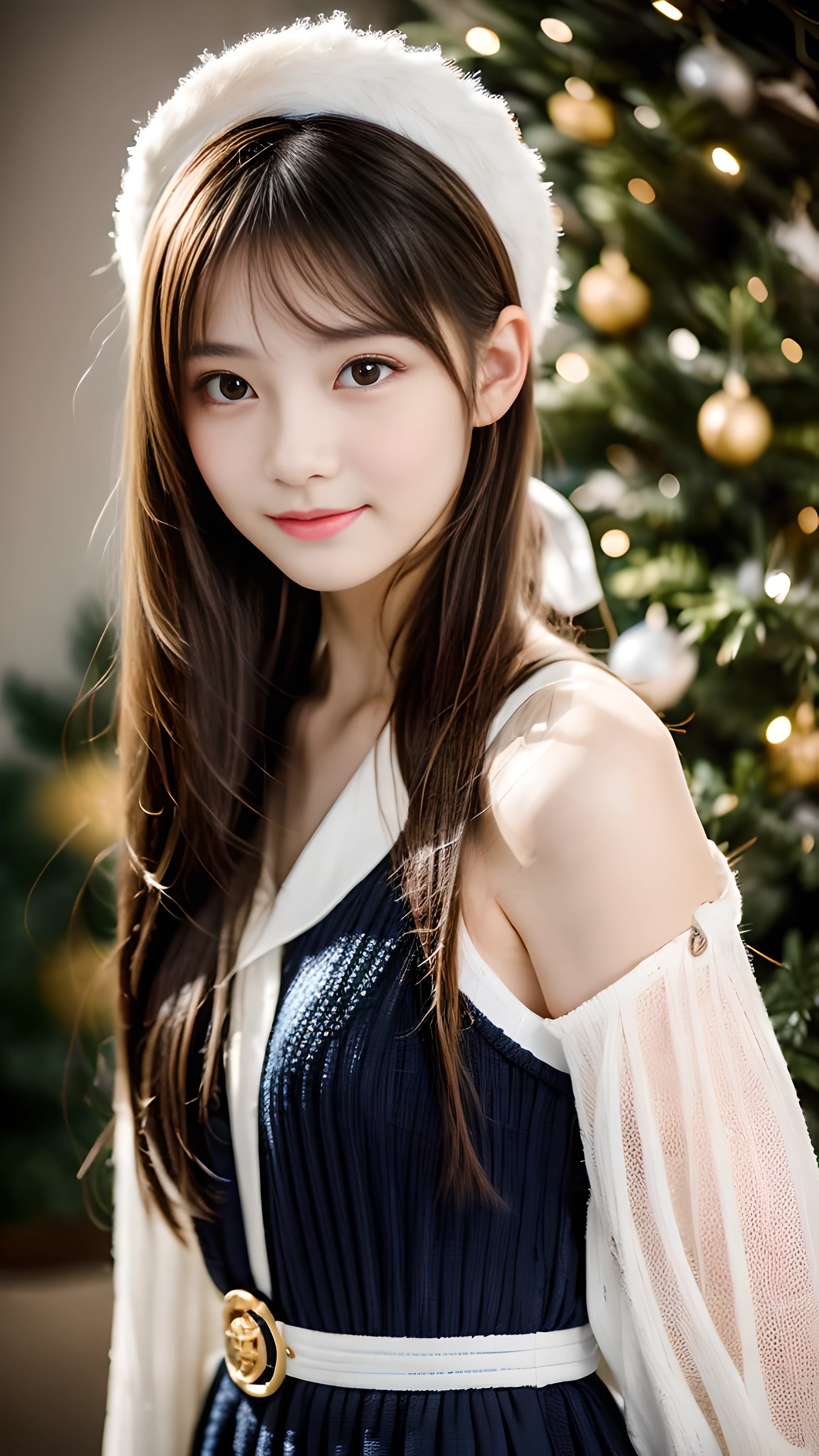(masterpiece:1.3), (8k), (highest quality:1.4), (Hmm:1.2), (realistic:1.3),( RAW photo), (1 girl), (ultra high resolution), (detailed face), so perfect beautiful and cute face, (thin hair), beautiful hair, bangs, (symmetrical eyes:1.3), (fine eyes), (fine skin), realistic skin, shiny skin, ultra high resolution, (medium breasts:0.7), (slim body shape), (super model figures), gentle smile:1.2, (A very beautiful and cute young Japanese girl with a gentle expression), camera'the focus is completely on the face,
(Wearing random styles of clothing that incorporate high fashion trends:1.5, see-through costume, sexy party dress, Inspired by Versace:1.3),
Christmas tree, In the illuminated party room, (cowboy_shot)