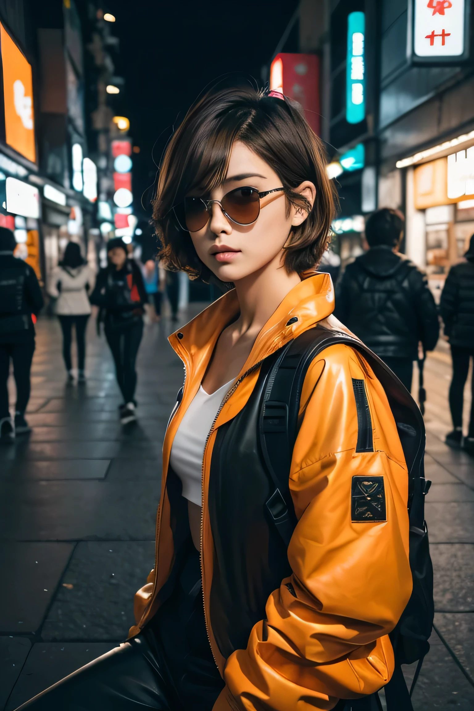 (masterpiece:1.2), Super detailed, ultra high resolution, (realistic, photo realistic:1.37), High-definition RAW color photo, professional photos, highly detailed face, very fine eyes, Very fine skin, very thin fingers, highly detailed nose, highly detailed mouth, perfect anatomy, highly detailed background, (famous japanese actress:1.2), (Improve:1.35), (flat chest), (brown person々, black skin, blonde hair:1.3), (Very short cut hair, curl the inside of the hair), Edgy Girl, dark orange jacket, tech wear, camera, Backpack, white sneakers, dramatic makeup, splicing, sitting outside a convenience store, looking at the street, outdoors, ((at night, dark city)), neon sign, personality, credibility, creative expression, Hong Kong in the 80s,realism, big retro sunglasses, 