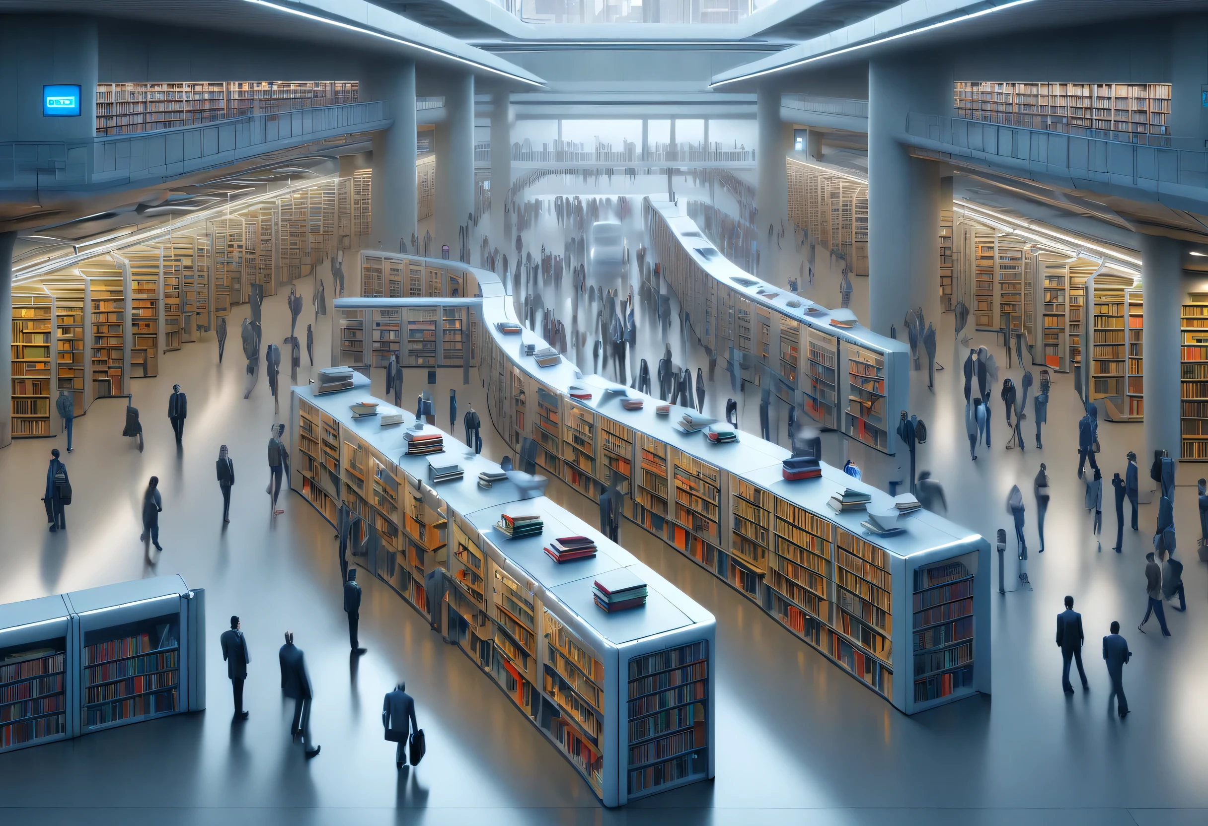 station, 图书馆式station, Tons of books, Stop signs, people waiting for bus, future car, sense of technology, cyberpunk, future, Science fiction,,Real Estate,long term exposure,high dynamic range,minimalist,philippe starck,sharp focus，