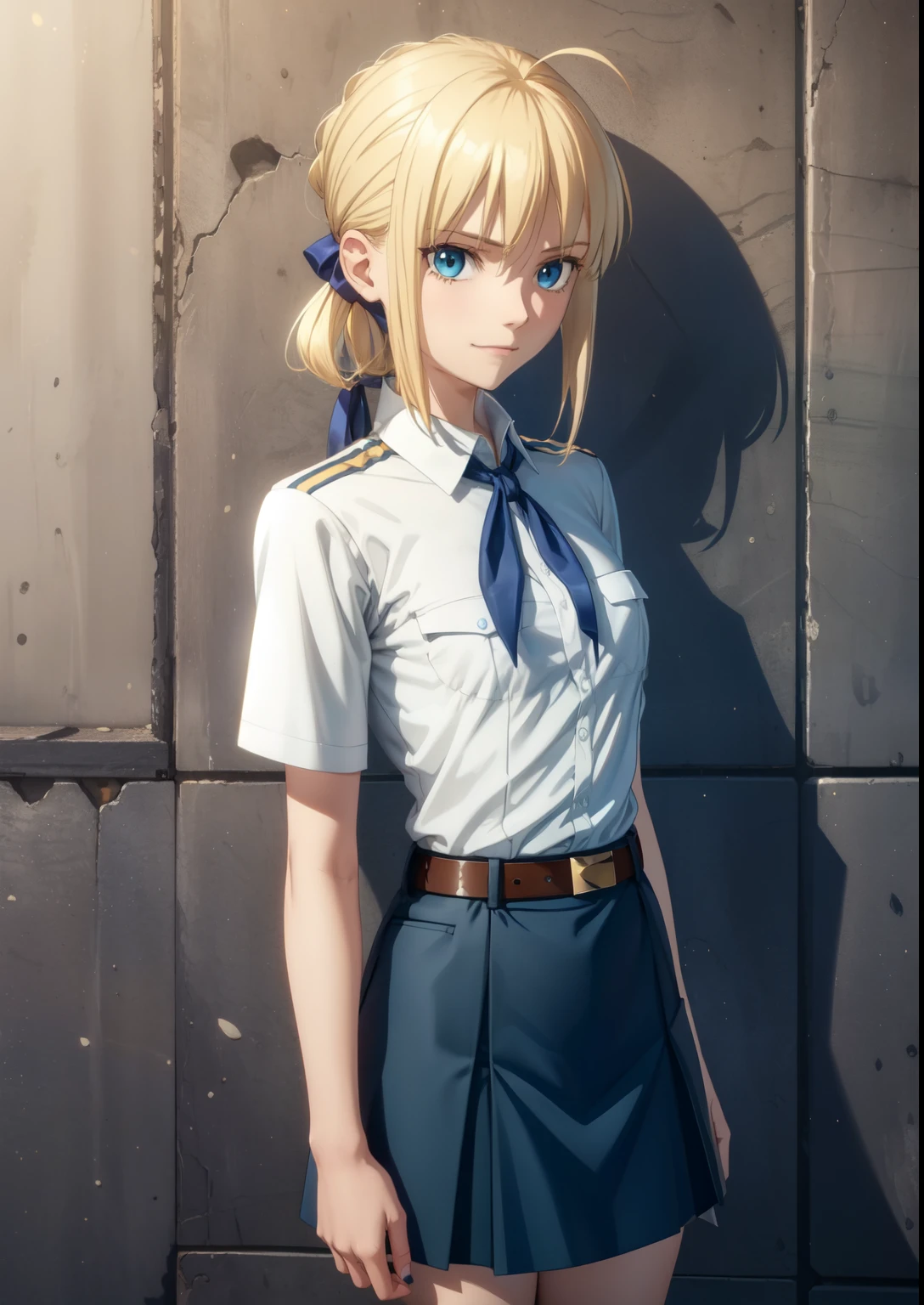 very young slim fit girl, full height, (blonde hair:1.2), big blue eyes, shy smile, perfect flat breast, pioneer neckerchief, short tight blue pleated skirt, bangs, tight white shirt, short sleeves, collared shirt, belt, red neckerchief, breast pocket, white wall, artoria pendragon \(fate\)