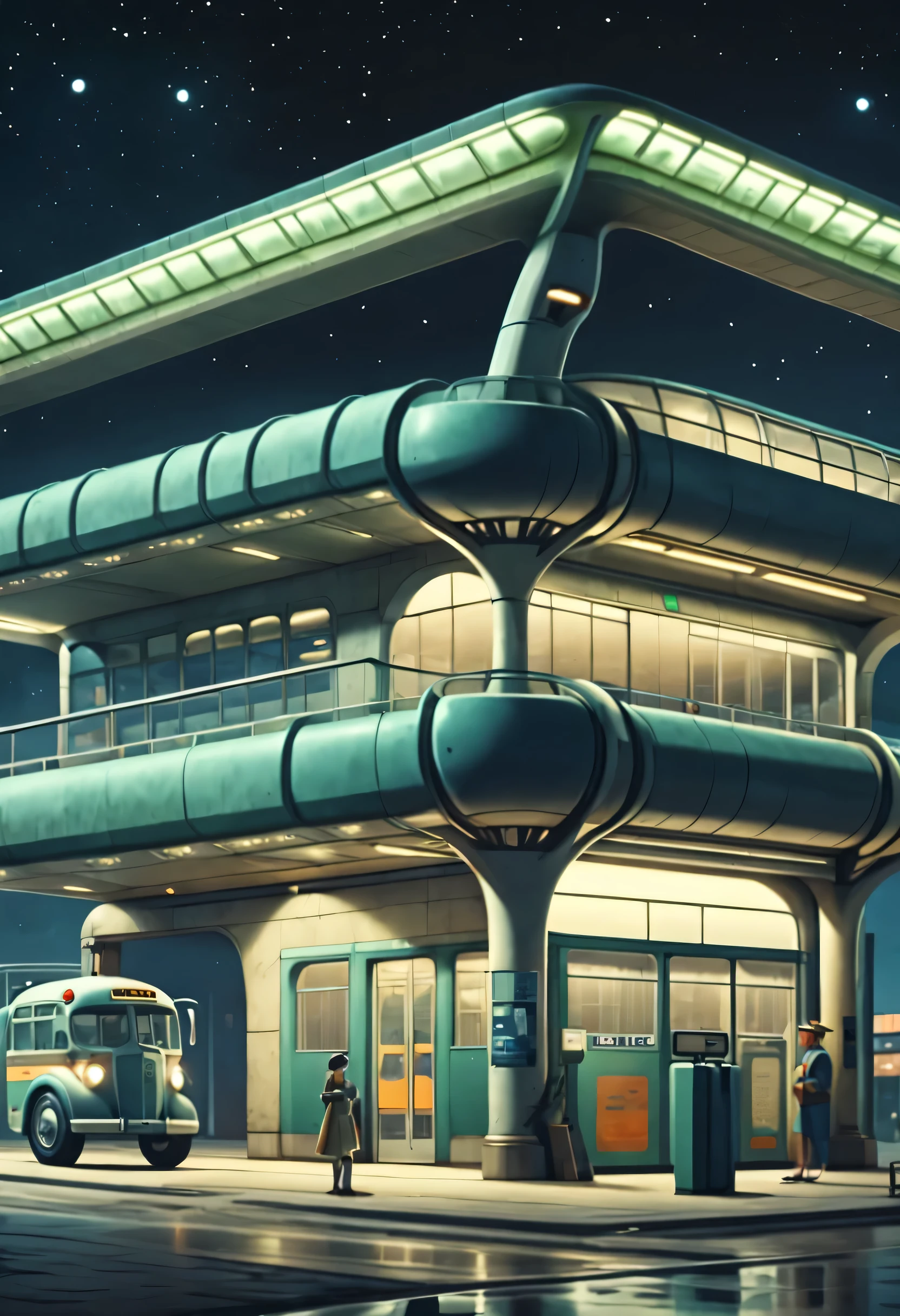 ESTILO RETROFUTURISMO, Beautiful and meticulous,Evening character, The bus station building is located in a quiet town, real picture, 4k, with an original style