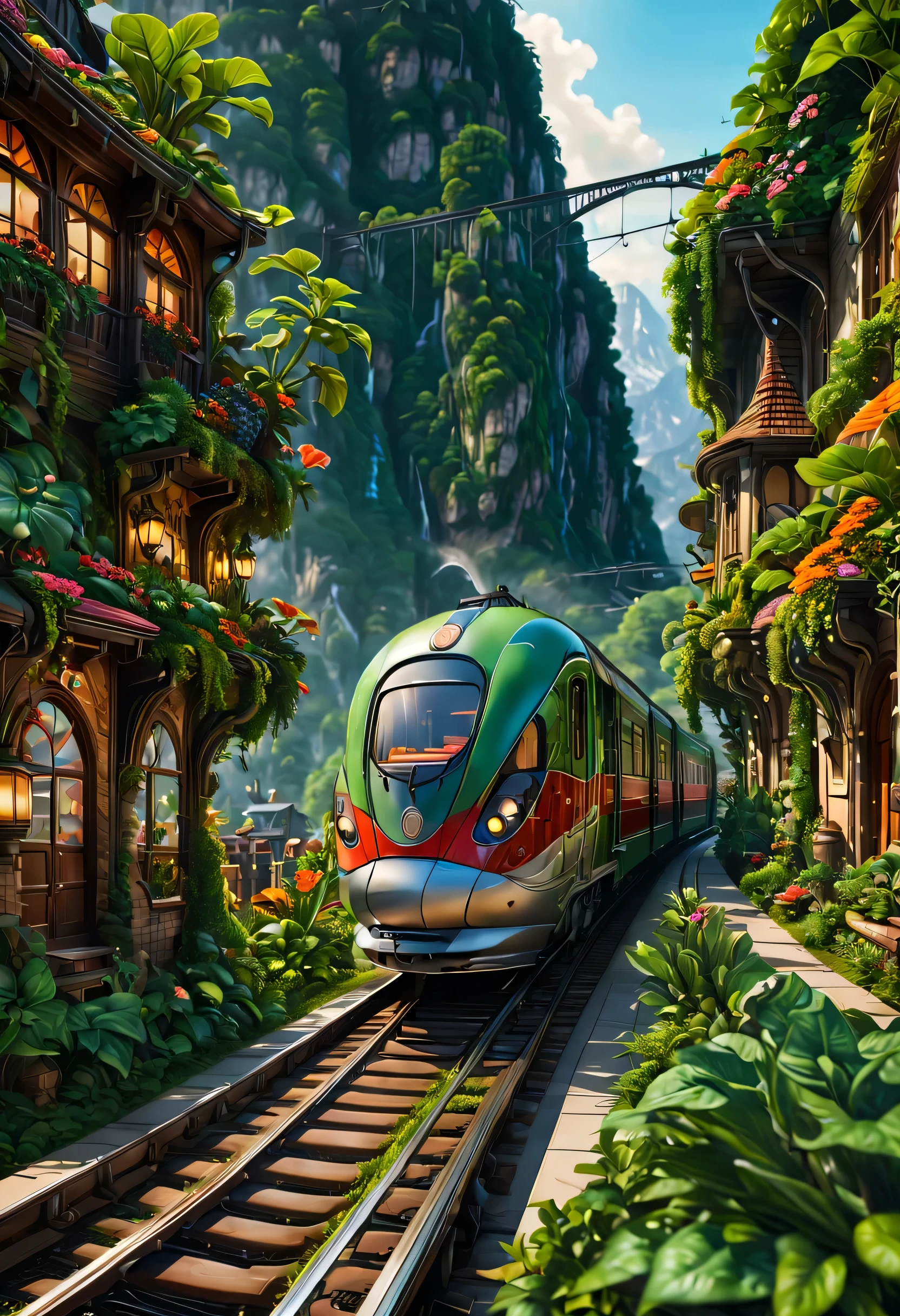 best quality, 4k, 8k, high resolution, masterpiece:1.2, Super detailed, actual:1.37, high dynamic range, ultra high definition, studio lighting, sharp focus, Physically based rendering, extremely detailed description, professional, bright colors, Bokeh, illustration, The beauty of the building, fairy tales, magic train station, Set in the middle of the mountains, curved track, long red train station, train circling in the sky:1.37, Side view of the train:1.37, Air orbit, Cute elves, transparent train, train full of plants, upscale, complicated, Clean, neat, micro landscape, global illumination, Ray tracing, particle effect, Dreamy, magic, Towering buildings, Photographed from bottom up