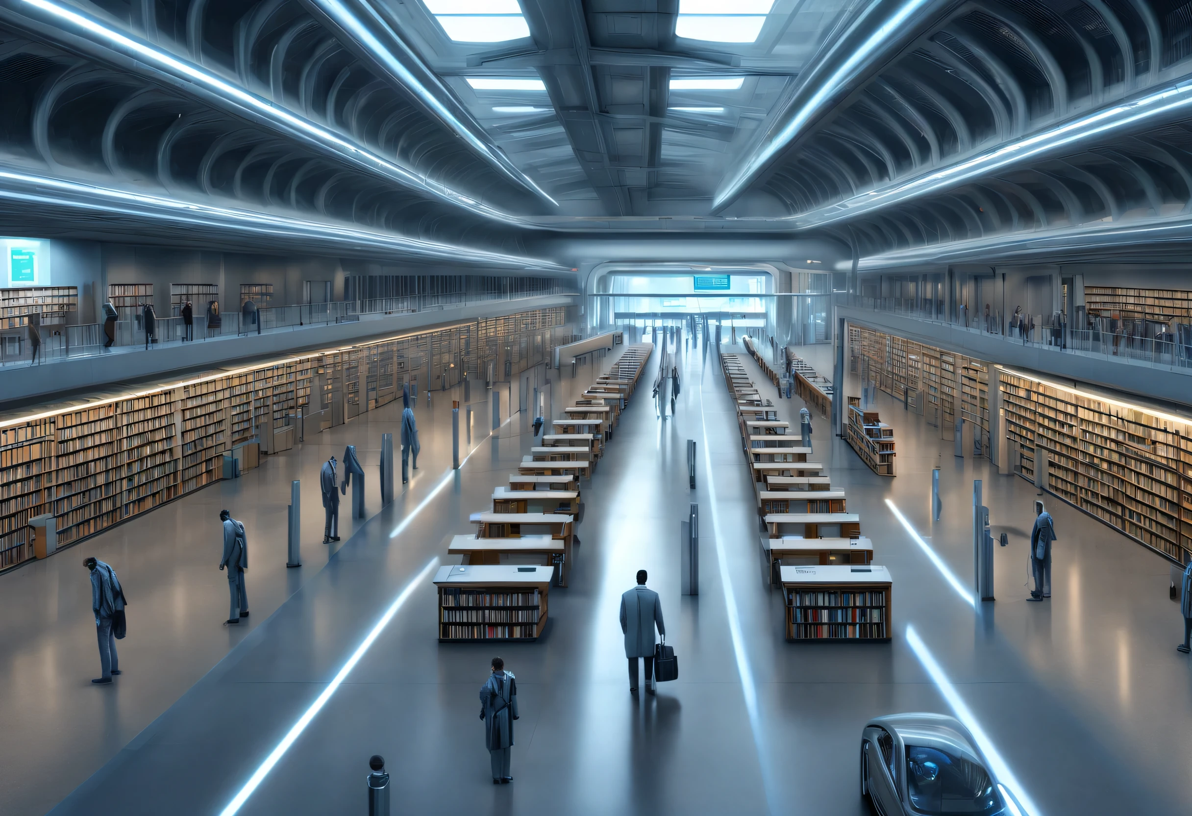 station, 图书馆式station, Tons of books, Stop signs, people waiting for bus, future car, sense of technology, cyberpunk, future, Science fiction,,Real Estate,long term exposure,high dynamic range,minimalist,philippe starck,sharp focus，