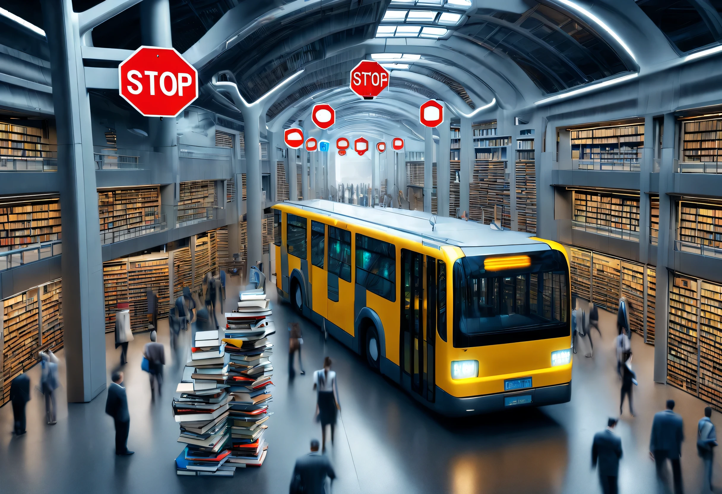 station, 图书馆式station, Tons of books, Stop signs, people waiting for bus, future car, sense of technology, cyberpunk, future, Science fiction,,Real Estate,long term exposure,high dynamic range,minimalist,philippe starck,sharp focus，