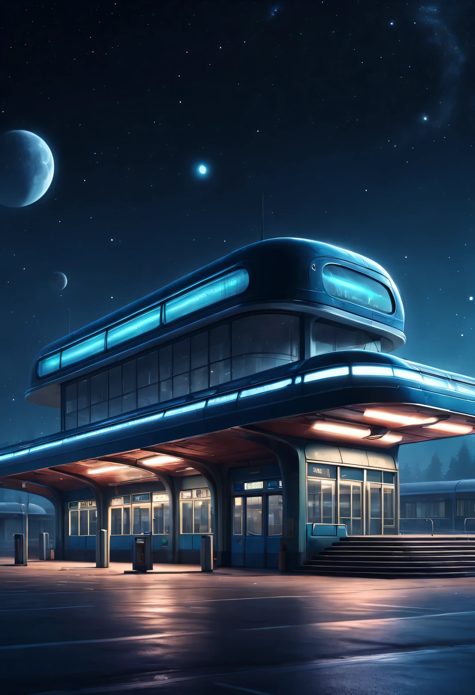 ESTILO RETROFUTURISMO, Beautiful and meticulous,Evening character, The bus station building is located in a quiet town, real picture, 4k, with an original style