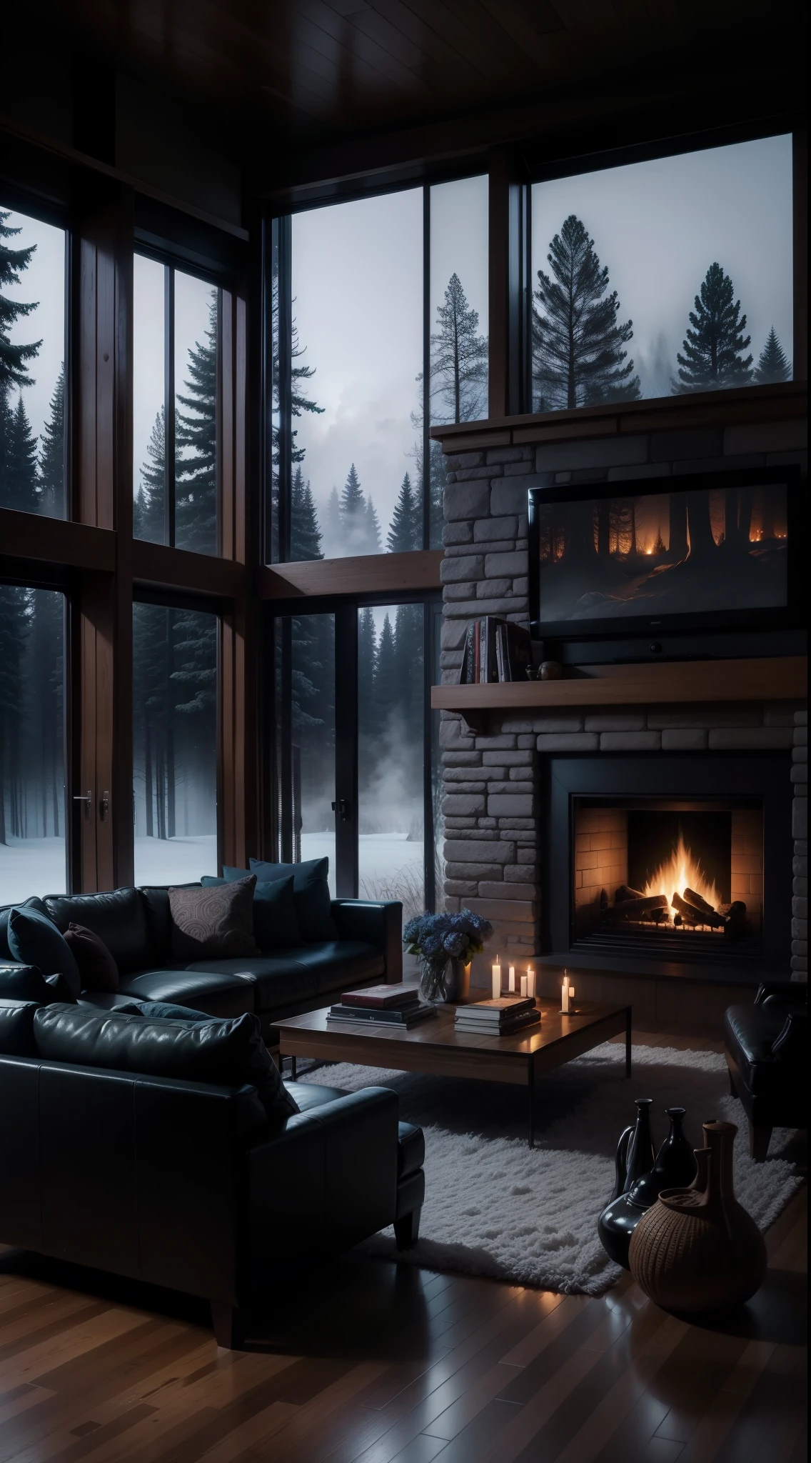 cozy living room with fireplace at night on the edge of the misty forest