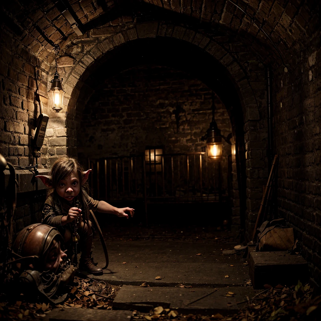 (theme: (goblin|Steampunk)) In a deep dark tunnel, Mad Scientist Goblins build dangerous and scary trains to move their psychotic goblin kin between under cities