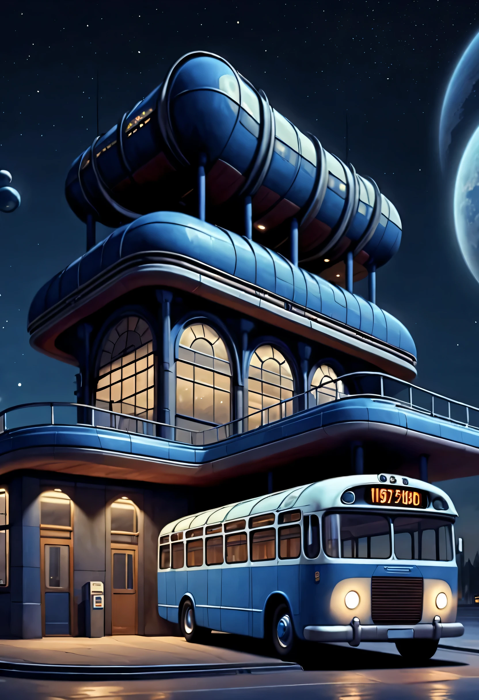ESTILO RETROFUTURISMO, Beautiful and meticulous,Evening character, The bus station building is located in a quiet town, real picture, 4k, with an original style,background:Blue night sky