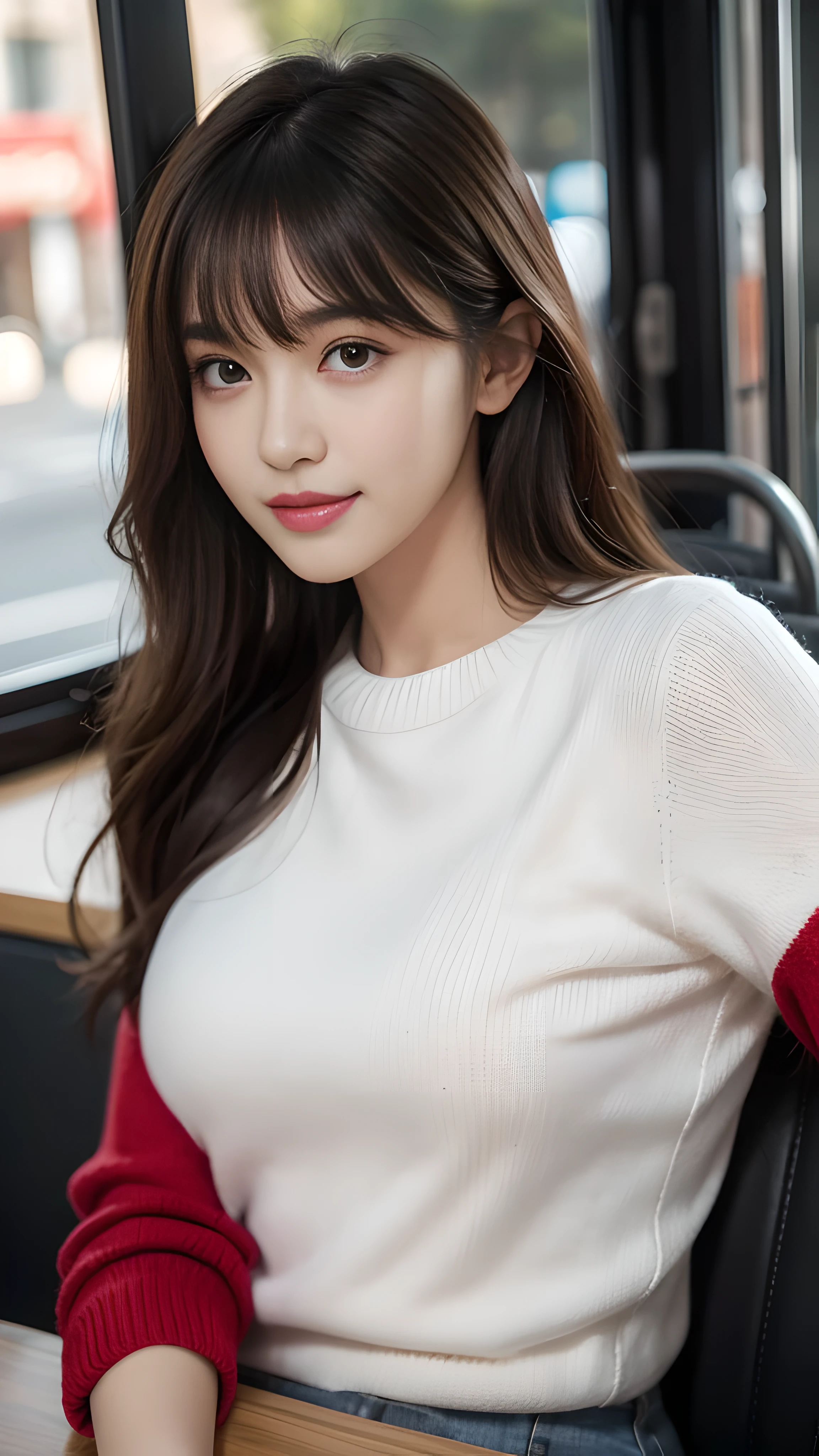 (table top:1.3), High resolution, Super detailed, Highly detailed CG Unity 8k wallpaper, realistic, photo-realistic, RAW photo, beautiful and detailed face, white skin, realistic skin, fine fabric texture, detailed hair texture, perfect proportions, beautiful face, Accurate, anatomically correct, Highly detailed face and skin texture, natural neck length, (beautiful hand air skin:1.2), thin legs, thin legs, fine eyes, symmetrical eyes, light brown eyes, double eyelid, thin eyebrows, (glossy lips:1.4), (goddess smile:1.2), 
break, 
(classy and cute girl:1.3), 
(medium big breasts), (slender body shape:1.2), 
(dark brown hair, wavy hair), ((long hair, asymmetrical bangs:1.2)), (upper body shot:1.2), 
 (by bus: 1.2),bus guide、night、cold winter season、winter fashion、outside、have、red sweater、male