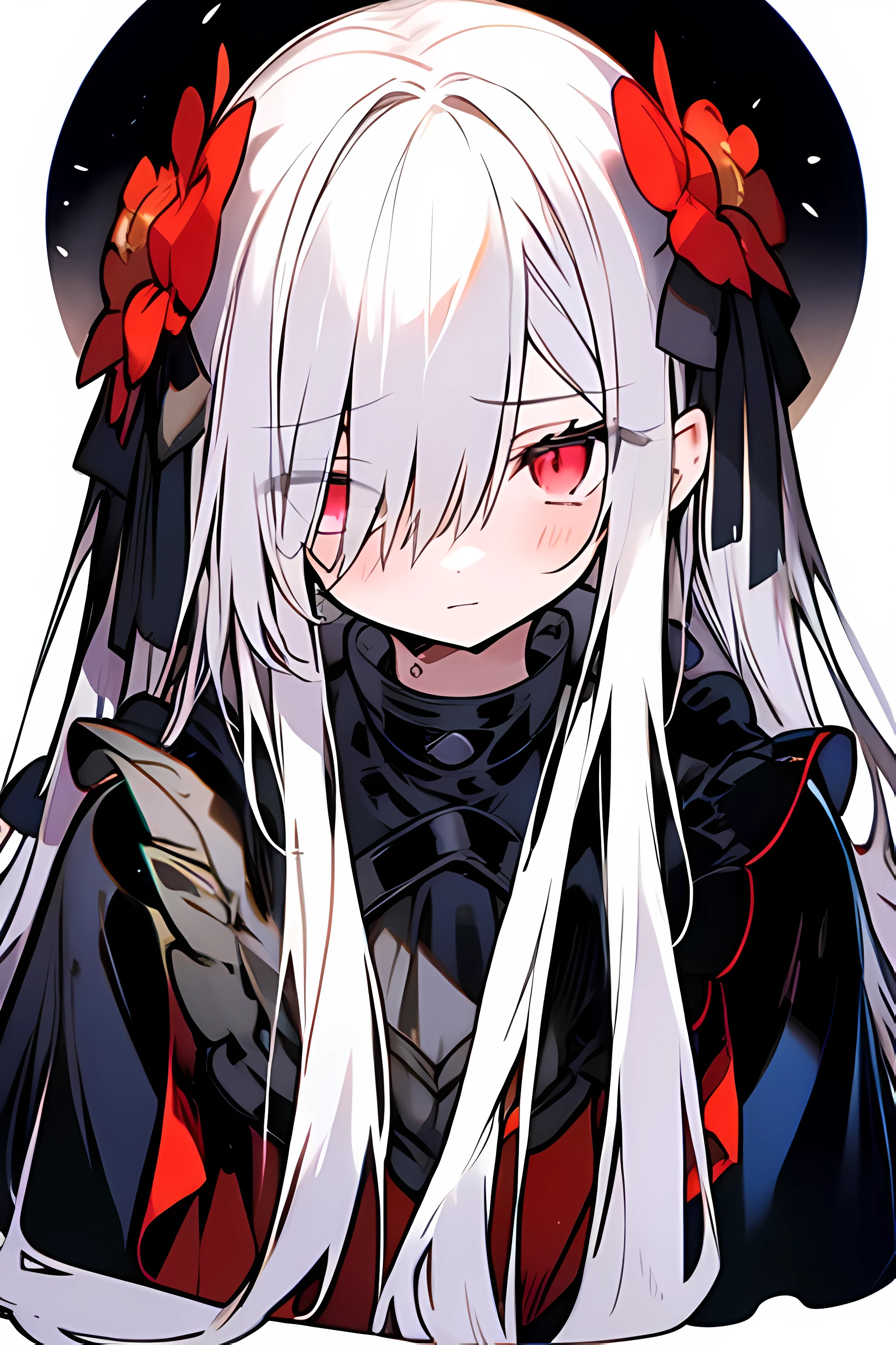 1girl,solo,1girl,solo,((beautiful detailed eyes)), red eyes, (detailed light),depth of field,(white hair),hair over one eye,(red flower ), hair flower,long hair,black cloak,wet,emotionless, reality shattering around her,red flowers falling,sketch,upper body,intense shadows