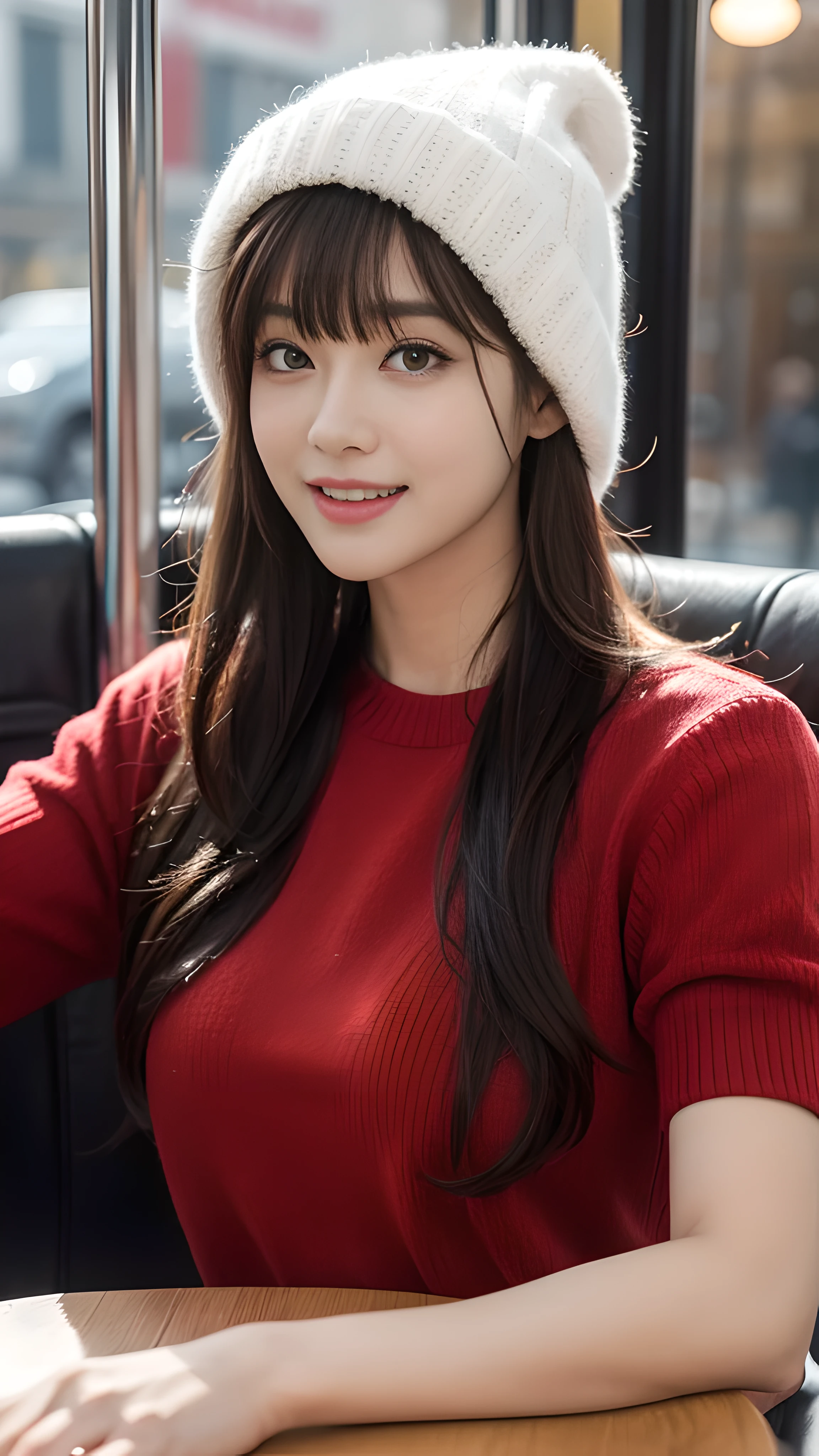 (table top:1.3), High resolution, Super detailed, Highly detailed CG Unity 8k wallpaper, realistic, photo-realistic, RAW photo, beautiful and detailed face, white skin, realistic skin, fine fabric texture, detailed hair texture, perfect proportions, beautiful face, Accurate, anatomically correct, Highly detailed face and skin texture, natural neck length, (beautiful hand air skin:1.2), thin legs, thin legs, fine eyes, symmetrical eyes, light brown eyes, double eyelid, thin eyebrows, (glossy lips:1.4), (goddess smile:1.2), 
break, 
(classy and cute girl:1.3), 
(medium big breasts), (slender body shape:1.2), 
(dark brown hair, wavy hair), ((long hair, asymmetrical bangs:1.2)), (upper body shot:1.2), 
 (by bus: 1.2),bus guide、night、cold winter season、winter fashion、outside、have、red sweater、male
