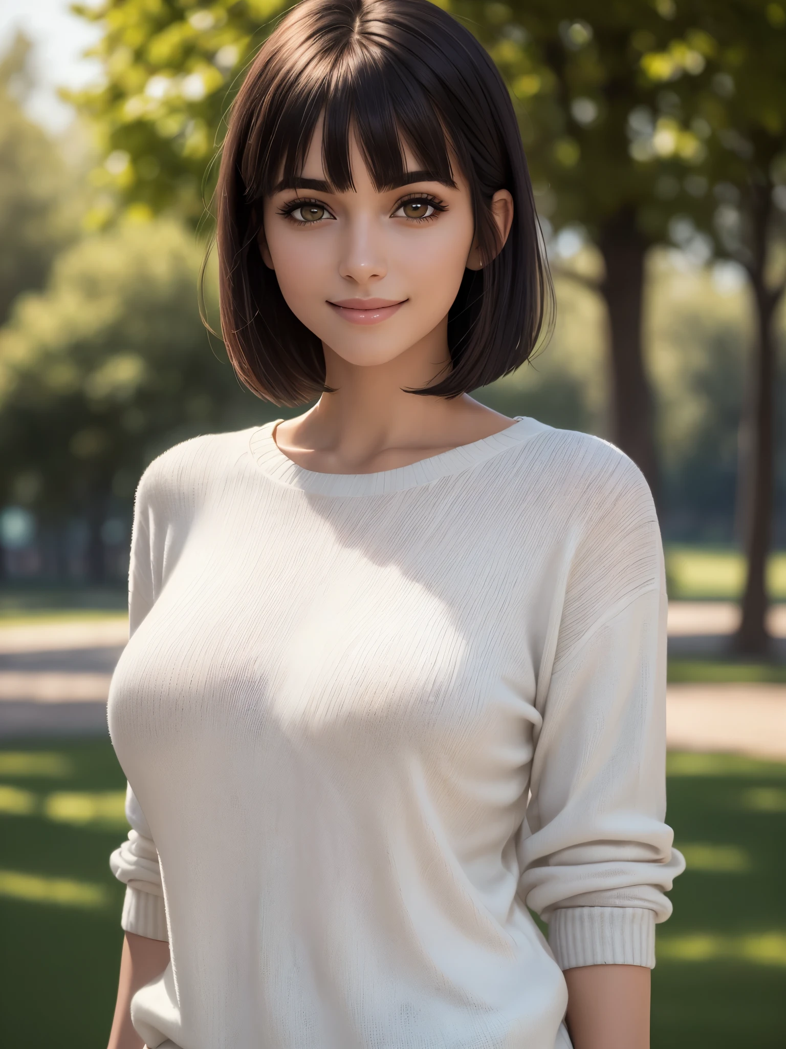 Top Quality, Masterpiece, Ultra High Definition, (Photorealistic: 1.4), (Look Off: 1.4), (Look Off: 1.4), No Look at Camera, Raw Photo, One Girl, Dark Hair, (Straight Bobs: 1.4), (Patsun: 1.4), Bangs, Smile, Massive breasts, Glossy Skin, Dramatic Lighting, Neat, T-Shirt, White Summer Sweater, (Big: 0.9), parks