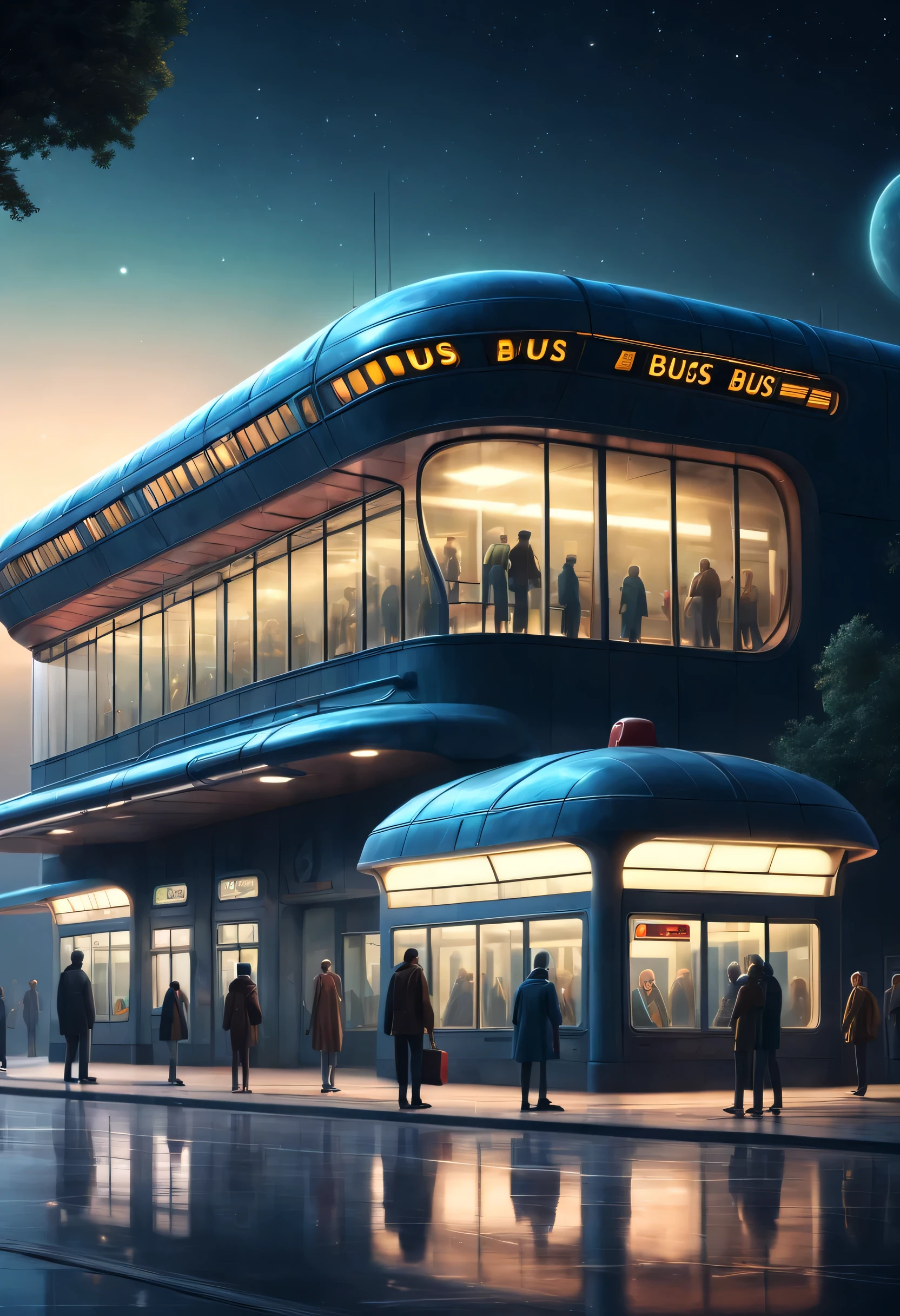 ESTILO RETROFUTURISMO, Beautiful and meticulous,Evening character, The bus station building is located in a quiet town, real picture, 4k, with an original style,stop,people waiting for bus,
