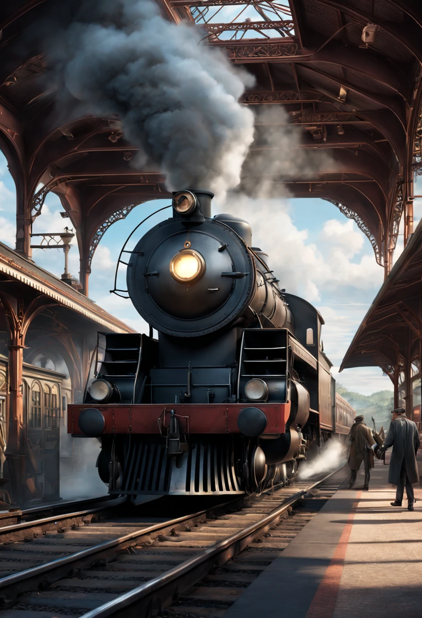 railway station, 柴油龐克railway station, Steam engine matte spray paint, Realistic concept art, Highly detailed matte painting, Realistic matte painting, Ultra-realistic matte, Highly realistic concept art, Luxurious matte painting, Inspired by Rudy Sisvanto, Realistic Disney, Magical realistic matte painting, 3D rendering matte