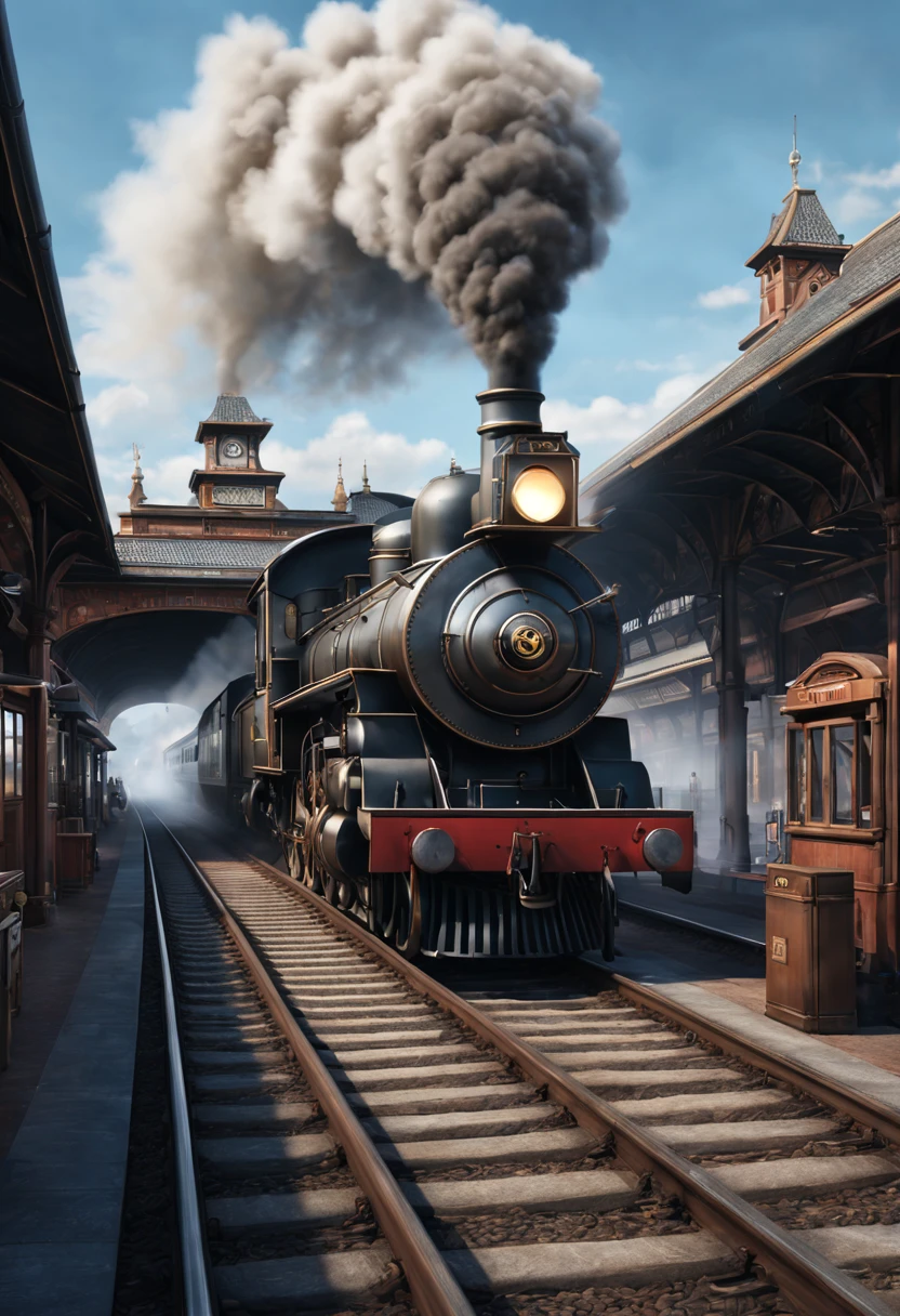 railway station, 柴油龐克railway station, Steam engine matte spray paint, Realistic concept art, Highly detailed matte painting, Realistic matte painting, Ultra-realistic matte, Highly realistic concept art, Luxurious matte painting, Inspired by Rudy Sisvanto, Realistic Disney, Magical realistic matte painting, 3D rendering matte