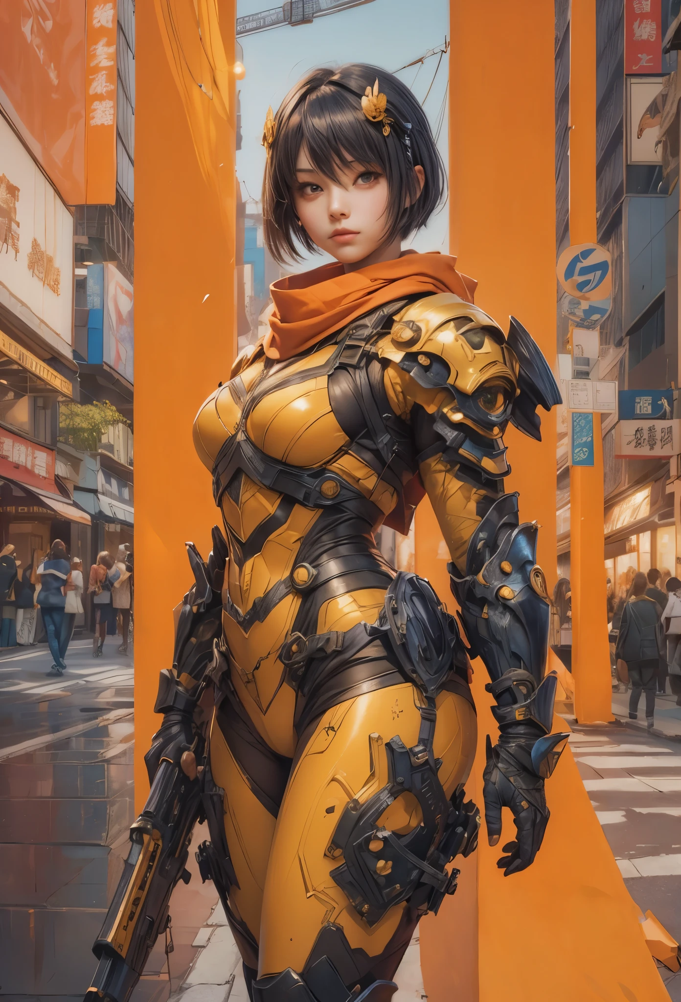 [Detailed illustrations, art based on extremely ideal anatomy, very detailed and detailed drawings, slow and delicate lines, realistic texture expression],((Color tressed main lines)),(Artwork with outstanding craftsmanship),(Shinjuku background at night),[(HENTAI ANIME) NINJAGirl Japanese Beauty 15 years old Petite and muscular ((Slim body)) Short bob cut],((Hornet) Orange Ninja Battle Armor) Scarf (Stole) (Fitting Rubber Inner) Honeycomb (Edge) ((((Hair ornament)))) (Dull metallic luster),Gravure (((KUNOICHI))),((Fine and beautiful skin expression (transparency)))),((Clear gaze)),((Perfect eye details (Beautifully drawn eyes))),( Beautiful perfect face (realistic face details)),((Beautiful hair details)),(Perfectly proportioned proportions)),(Design built to a high level,((Advanced structural understanding of materials)),Ideal color coordination),((Artistic decoration)) ((Dense details)),((Detail,High definition)),[(Ultra-precision detail),(((Multilayer texture)), HighQuality,High Resolution],((Accurate simulation of light-material interaction, understanding of air flow, mechanically correct representation)),(((Visual art with a sense of narrative)).