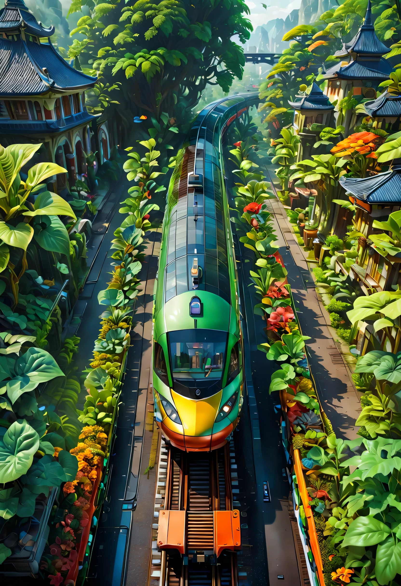 (Aerial View,antenna,Colorful train station,hover train:1.37,Side view of the train:1.37,antenna tracks,cute elf,transparent train,train full of plants,high-end,luxury,Clean,neat,micro landscape,global illumination,path tracing,particle effect)。Ancient buildings on both sides