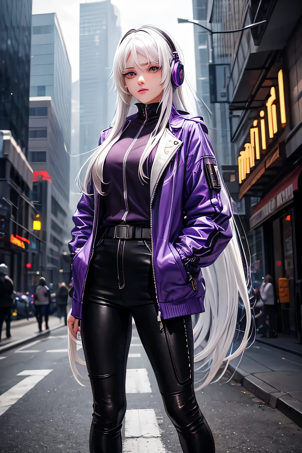 1 girl, White hair, long hair, A masterpiece of technical clothing, Best quality, Realistic, realism, Dark purple jacket, portrait, detailed eyes, wear a headset, Platinum hair, 21-year-old girl, fashion pose, half of the body, wide shot, To the streets, cyberpunk