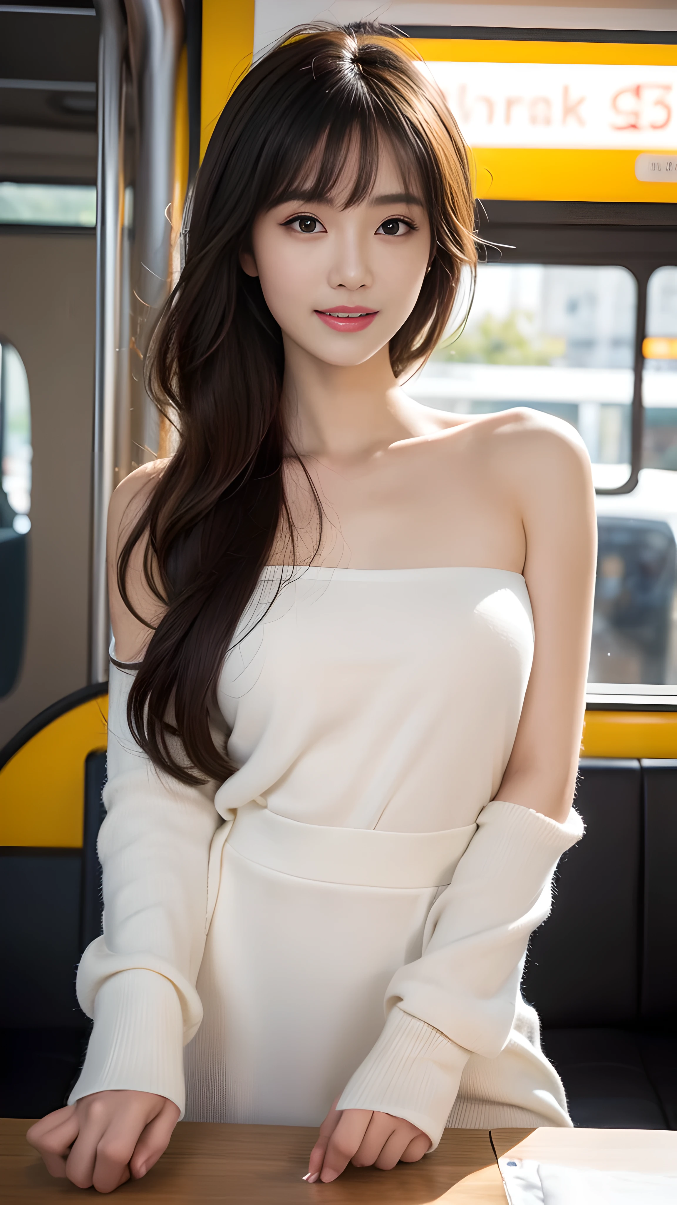 (table top:1.3), High resolution, Super detailed, Highly detailed CG Unity 8k wallpaper, realistic, photo-realistic, RAW photo, beautiful and detailed face, white skin, realistic skin, fine fabric texture, detailed hair texture, perfect proportions, beautiful face, Accurate, anatomically correct, Highly detailed face and skin texture, natural neck length, (beautiful hand air skin:1.2), thin legs, thin legs, fine eyes, symmetrical eyes, light brown eyes, double eyelid, thin eyebrows, (glossy lips:1.4), (goddess smile:1.2), 
break, 
(classy and cute girl:1.3), 
(medium big breasts), (slender body shape:1.2), 
(dark brown hair, wavy hair), ((long hair, asymmetrical bangs:1.2)), (upper body shot:1.2), 
 (by bus: 1.2),bus guide、night、cold winter season、winter fashion、outside、have、Random outfit with random colors, but、thave dress is so sexy、male