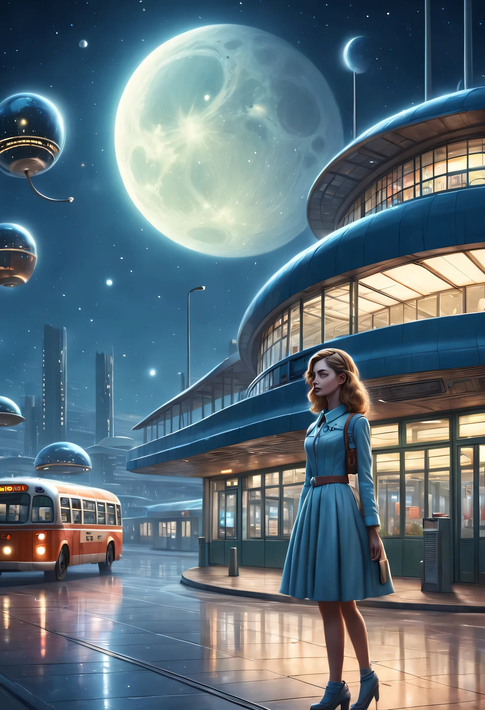 "(best quality,4k,real picture:1.2),retrofuturism,Beautiful and detailed girl at night,bus station building,Peaceful town,original style"