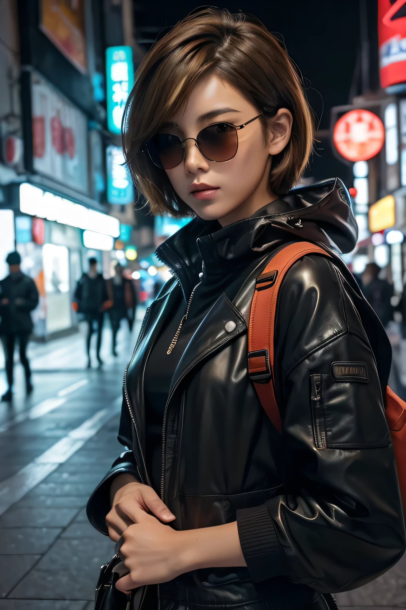 (masterpiece:1.2), Super detailed, ultra high resolution, (realistic, photo realistic:1.37), High-definition RAW color photo, professional photos, highly detailed face, very fine eyes, Very fine skin, very thin fingers, highly detailed nose, highly detailed mouth, perfect anatomy, highly detailed background, (famous japanese actress:1.2), (Improve:1.35), (flat chest), (brown person々, black skin, blonde hair:1.3), (Very short cut hair, curl the inside of the hair), Edgy Girl, dark orange jacket, tech wear, camera, Backpack, white sneakers, dramatic makeup, splicing, sitting outside a convenience store, looking at the street, outdoors, ((at night, dark city)), neon sign, personality, credibility, creative expression, Hong Kong in the 80s,realism, big retro sunglasses, 