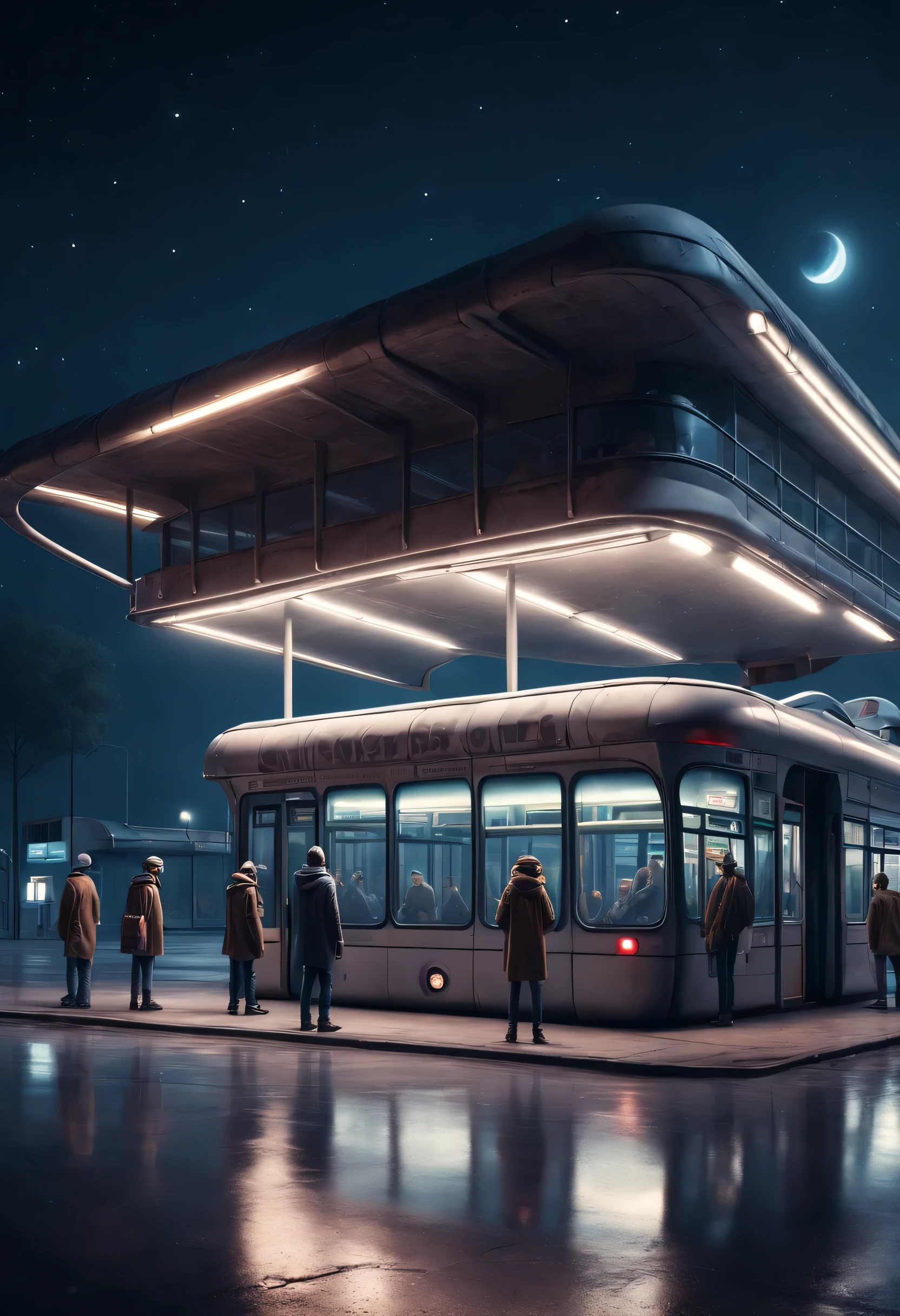 street photography style,ESTILO RETROFUTURISMO, Beautiful and meticulous,Evening character, The bus station building is located in a quiet town, real picture, 4k, with an original style,stop,people waiting for bus,