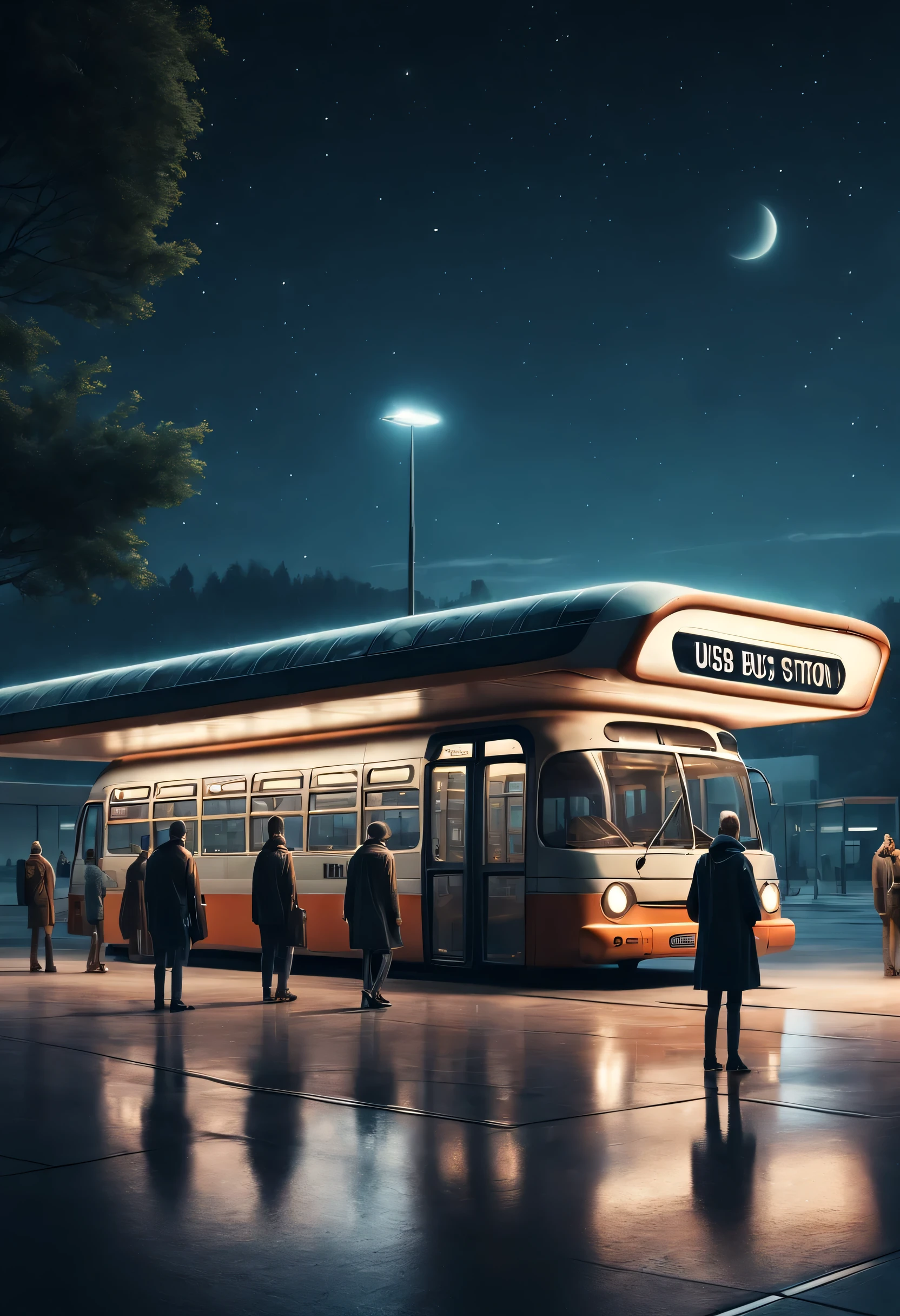 street photography style,ESTILO RETROFUTURISMO, Beautiful and meticulous，Evening character, The bus station building is located in a quiet town, real picture, 4k, with an original style，stop，people waiting for bus，