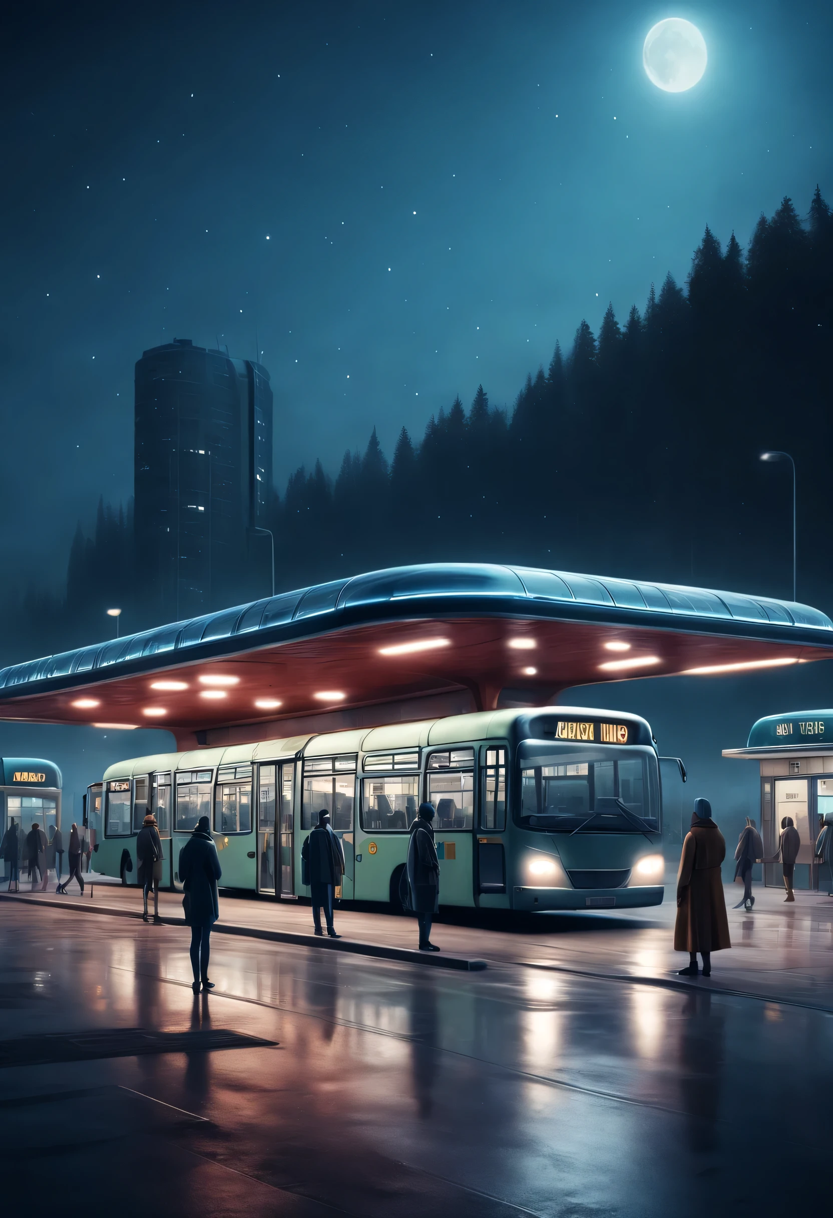 Aerial style, street photography style, ESTILO RETROFUTURISMO, Beautiful and meticulous，Evening character, The bus station building is located in a quiet town, real picture, 4k, with an original style，stop，people waiting for bus，