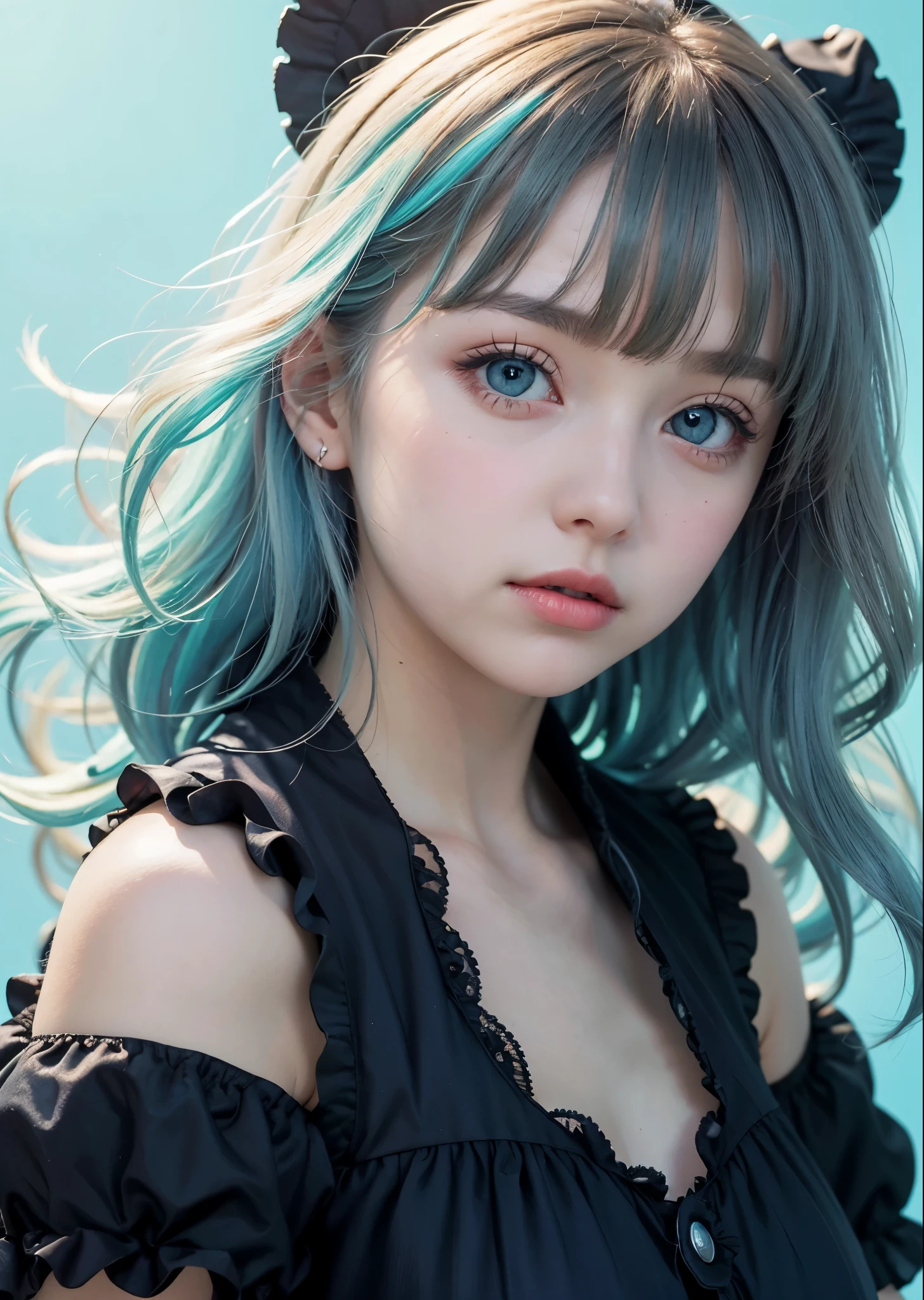 Psychedelic world、Black Lolita Fashion、Cute 1 girl、18 year old girl、big eyes、close-up photo of face、light blue hair、colorful gel background、fractal background、perfect lighting、sharp focus、High definition、high resolution、High color rendering、High resolution、Super realistic、photo realistic 