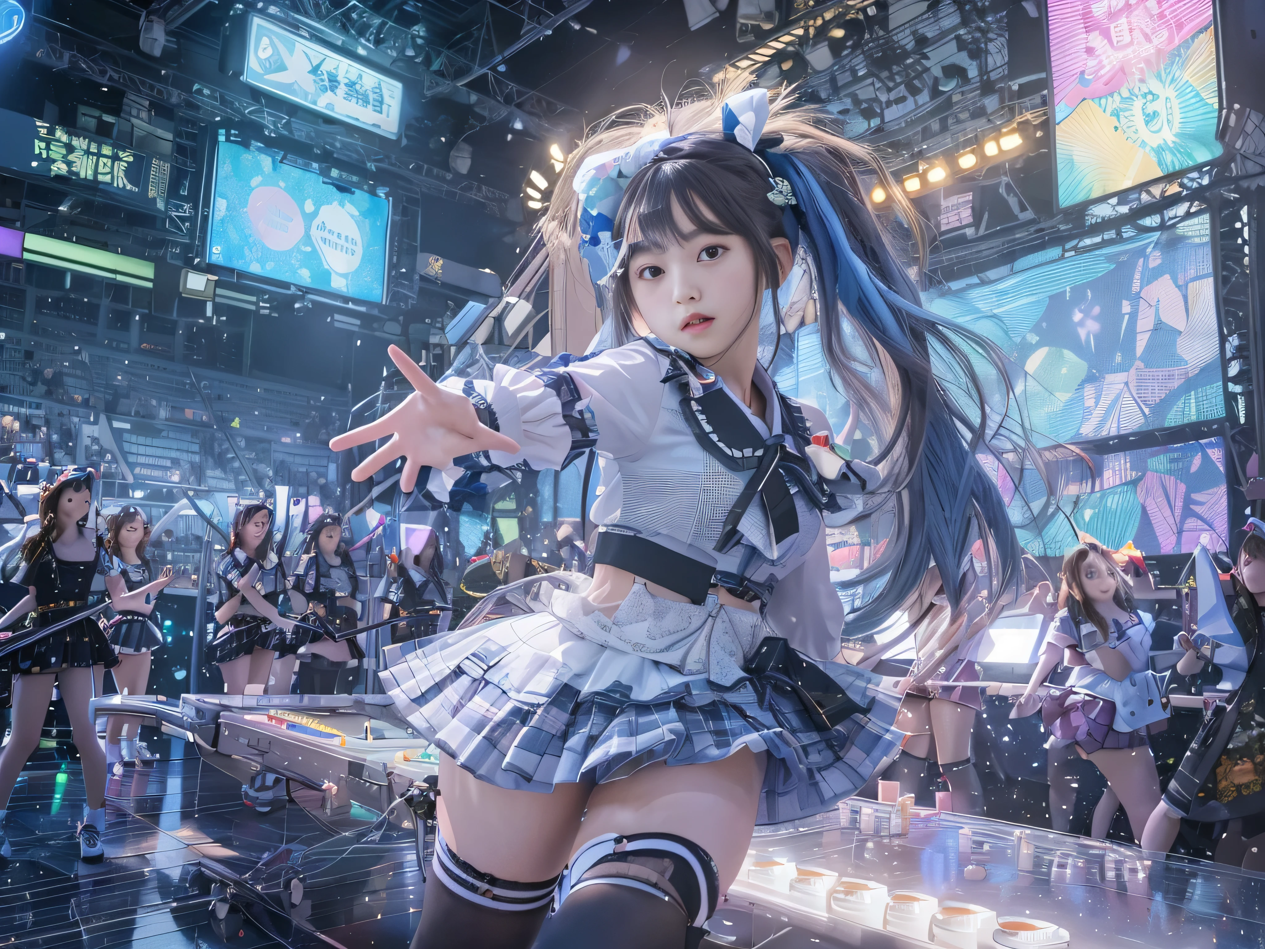(((RAW image quality:1.4))), 3D, Detailed CG footage,(table top:1.3),(highest quality:1.2),8k,absurd,unity 8k wallpaper,(very detailed:1.3),first class,realistic, blurred background, blurred foreground, (Idol group disbandment concert:1.4), ((5 girls:1.4)),,Japanese,black haired,(Beautiful moisturized eyes shining blue:1.4),(long ribbon hair ornament:1.1),(neon light:1.1),(Cute idol white uniform),(checked mini skirt:1.1),frown,(dynamic Pose:1.1),(floating hair:1.2),(nffsw:1.2),(psychedelic:1.2),dynamic Pose,(electric wire:1.1),(light:1.2),abdomen,stage,(music:1.2),cable,神のlight,(indoor:1.2),From the side,(musical instrument:0.7),fanaticism,Passionate,full of energy,that'terrible,To be paralysed,cheer up,dynamic,thrilling,explosives,Be excited,(a large crowd gathers:1.2),light,,neon light,(music:1.1),look at the audience,big breasts,big breasts thin waist, biologically correct,