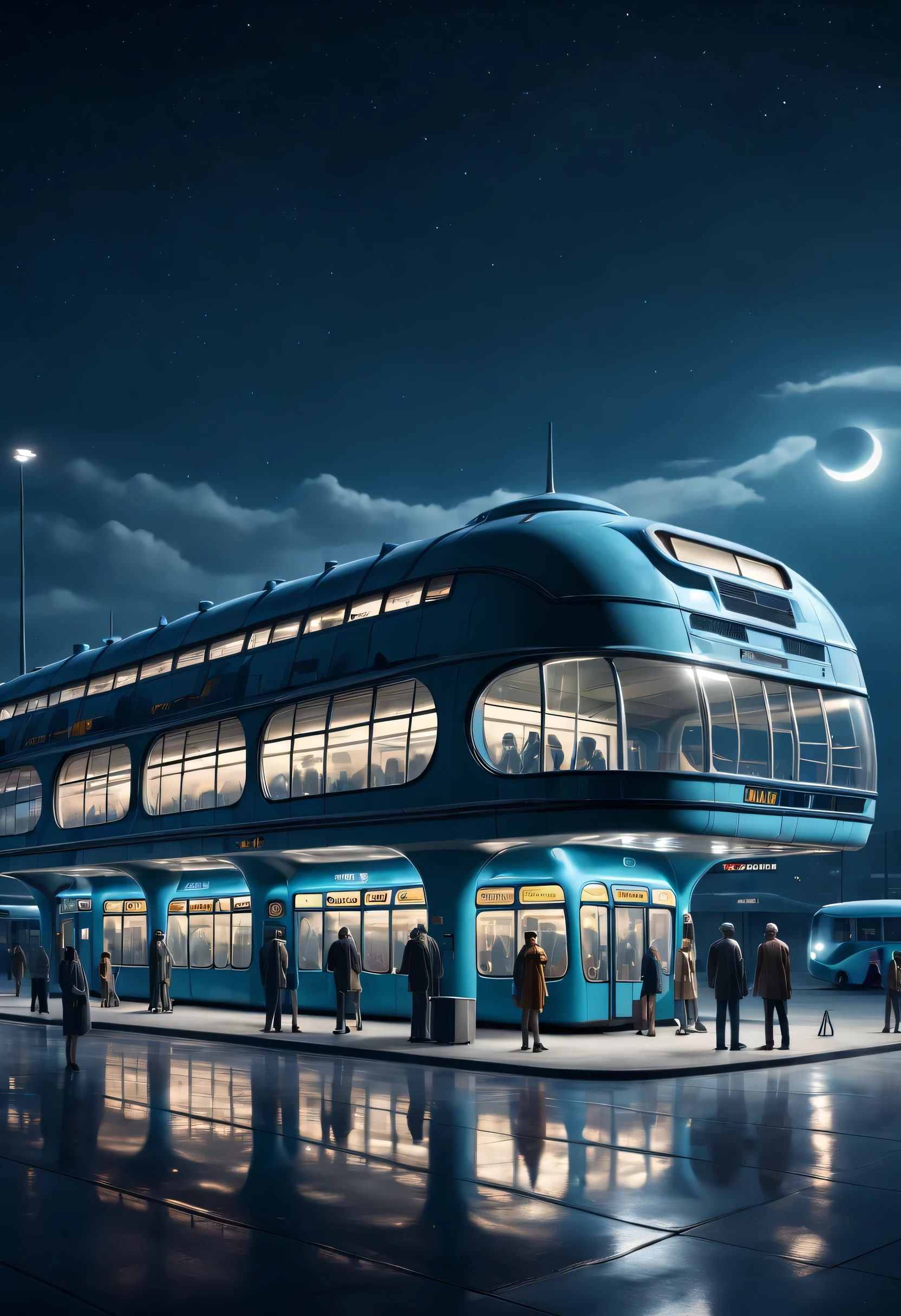 Aerial style, street photography style, ESTILO RETROFUTURISMO, Beautiful and meticulous,Evening character, The bus station building is located in a quiet town, real picture, 4k, with an original style,stop,people waiting for bus,