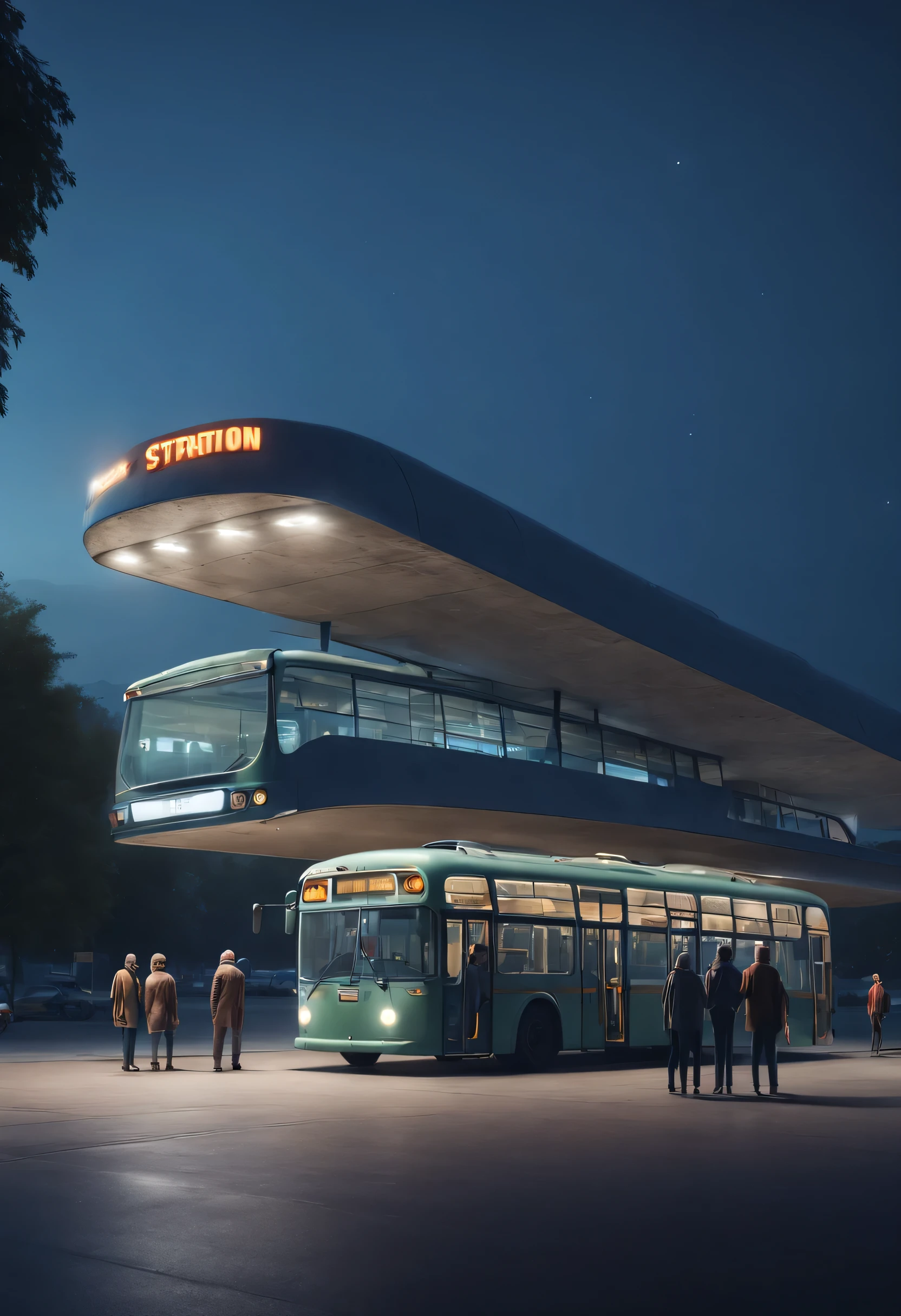 Aerial style, street photography style, ESTILO RETROFUTURISMO, Beautiful and meticulous,Evening character, The bus station building is located in a quiet town, real picture, 4k, with an original style,stop,people waiting for bus,
