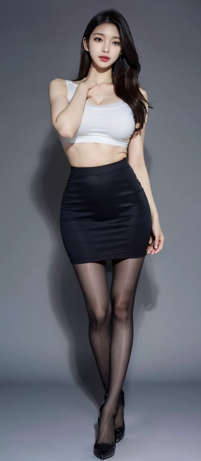 ((best quality, 8k, masterpiece: 1.3)), sharp: 1.2, perfect body beautiful: 1.4, Slim abs: 1.2, ((black messy hair)), (black skirt, pantyhose, standing), Highly detailed facial and skin textures, delicate eyes, double eyelids,