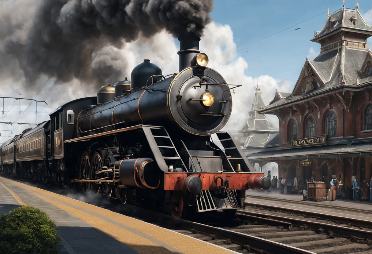 Station Sales Department.Two children playing on the floor of the platform, dieselpunk train station, Steam engine matte spray paint, realistic concept art, Highly detailed matte, Realistic matte, Ultra-realistic matte, Highly realistic concept art, Luxurious matte spray paint, Inspired by Rudy Sisvanto, Realistic Disney, Magical realistic matte painting, 3D rendering matte