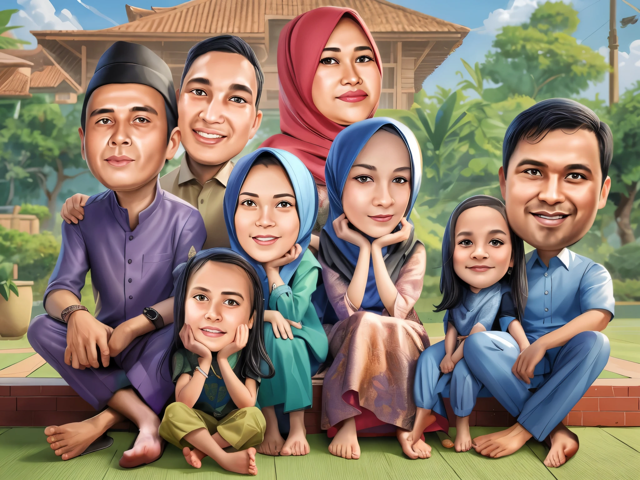 arafed family portrait of a man, woman, , and two other people, an indonesian family portrait, caricature illustration, in cartoon style, caricature style, potrait, traditional art, cartoon art, family portrait, caricature, cartoon portrait, full protrait, happy family, cartoon artstyle, family, close up potrait, realistic cartoon, cartoon style illustration
