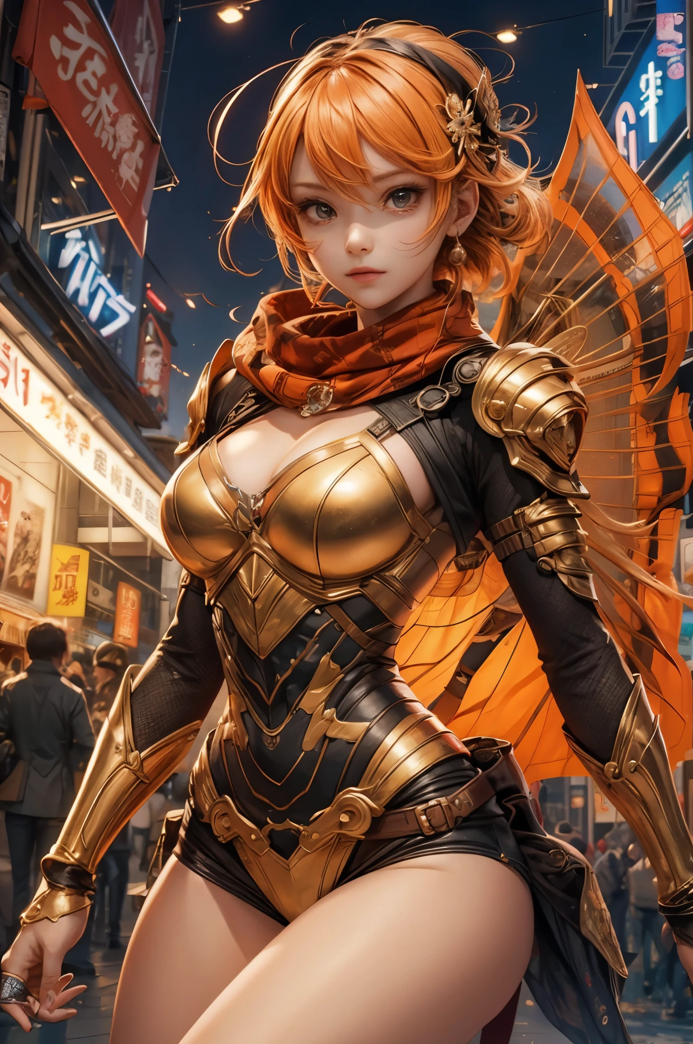 ((Highly accurate drawing in every detail)Extremely precise depiction)[High resolution],(detailed illustrations,とてもfineで緻密な描画,Delicate drawn lines with tempo,Realistic texture expression),[color traced main line],[Shinjuku background at night],(ANIME) (NINJAGirl (beautiful) ) muscular [slim body] short bob cut,([wasp] Orange Ninja Battle Armor) scarf [Stall] ((Fitting rubber inner) [honeycomb] [edge]) hair ornaments (Dull metallic luster:0.8),ure [KUNOICHI],[high contrast:0.6],(複雑でbeautiful装飾 [Dense detail]),(きめ細やかでbeautiful肌表現 [transparency]),((Precisely drawn eyes))[完璧な目のdetailed((宝石のようなbeautiful瞳)Iris drawn in precise detail)[clearly drawn pupils]],[eye light[Pinpoint lighting for the eyes]],[長くてbeautiful睫毛],[precisely drawn hair [美しく艷やかな髪のdetailed]],(完璧な手のdetailed [Fingers without breakdown [beautiful nails]]),(perfect anatomy(perfectly balanced proportions))[[full body portrait]],[[Highly constructed design]][ideal color coordination(Accurate simulation of light and material interactions)],(detail](detailed,高fine)),[Visual art that tells a story],((highest quality)fine[[High density drawing]])(4K quality).