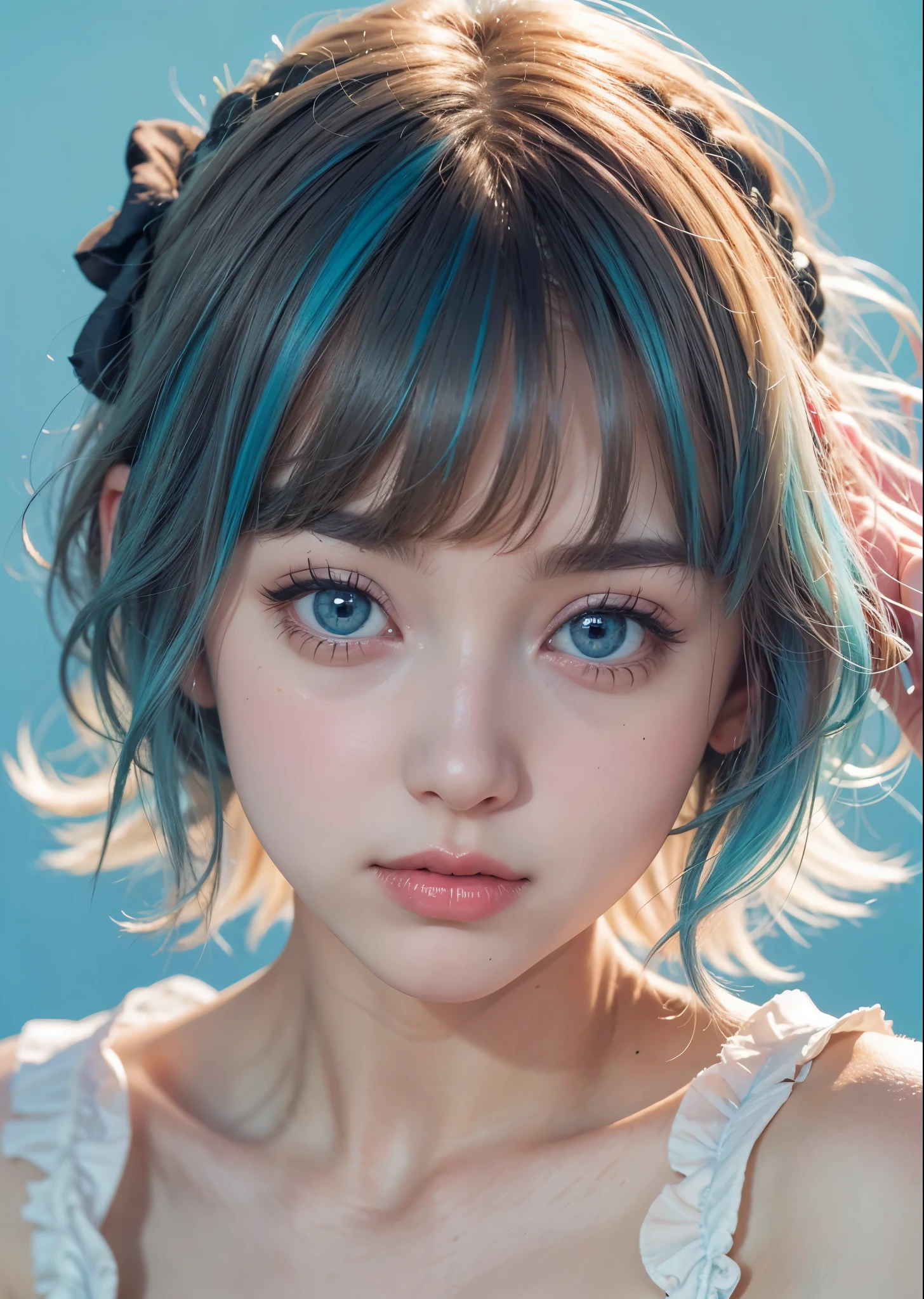 Psychedelic world、Black ****ta Fashion、Cute 1 girl、18 year old girl、big eyes、close-up photo of face、light blue hair、colorful gel background、fractal background、perfect lighting、sharp focus、High definition、high resolution、High color rendering、High resolution、Super realistic、photo realistic 