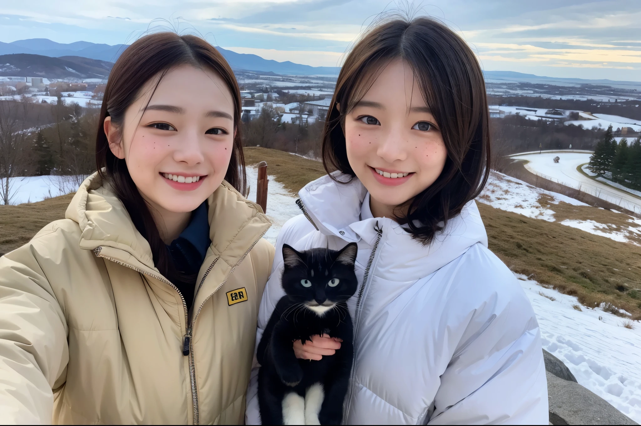 8K photo quality、The view from the top of the hill(Biei, hokkaido)、snow scene、beautiful japanese woman(23 years old)one person、cut black bob、wearing a white down jacket。sunny。holding a cute little black kitten。smile、realistic face、just a few freckles。
