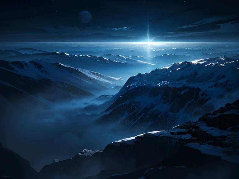 Moon casting ethereal silver light on a serene night landscape, captured in a 4k resolution by FranckyxMoon, featuring chiaroscuro, high dynamic range, atmospheric perspective, digital painting.
