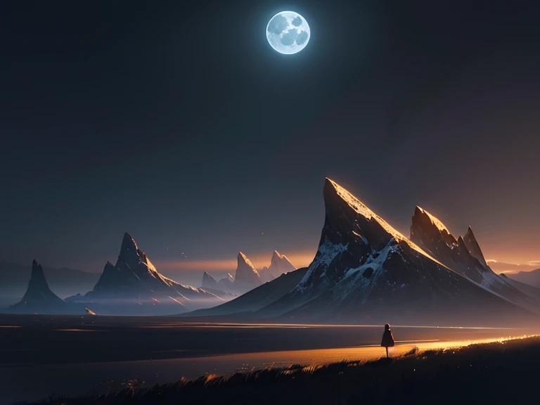 Moon casting ethereal silver light on a serene night landscape, captured in a 4k resolution by FranckyxMoon, featuring chiaroscuro, high dynamic range, atmospheric perspective, digital painting.