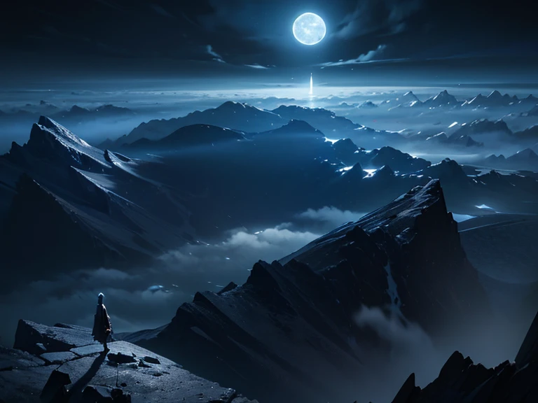 Moon casting ethereal silver light on a serene night landscape, captured in a 4k resolution by FranckyxMoon, featuring chiaroscuro, high dynamic range, atmospheric perspective, digital painting.