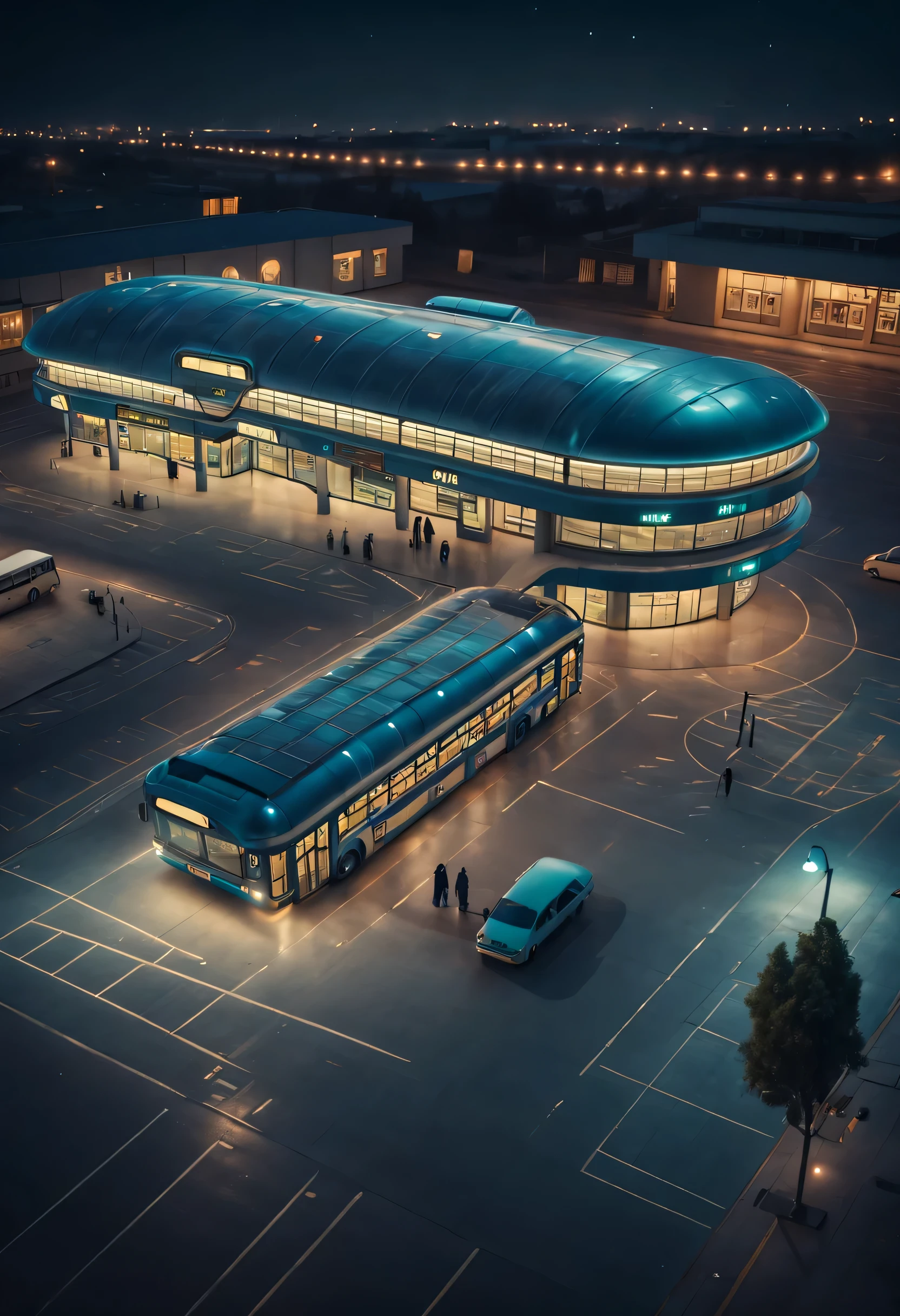 Aerial style, street photography style, ESTILO RETROFUTURISMO, Beautiful and meticulous，Evening character, The bus station building is located in a quiet town, real picture, 4k, with an original style，stop，people waiting for bus，