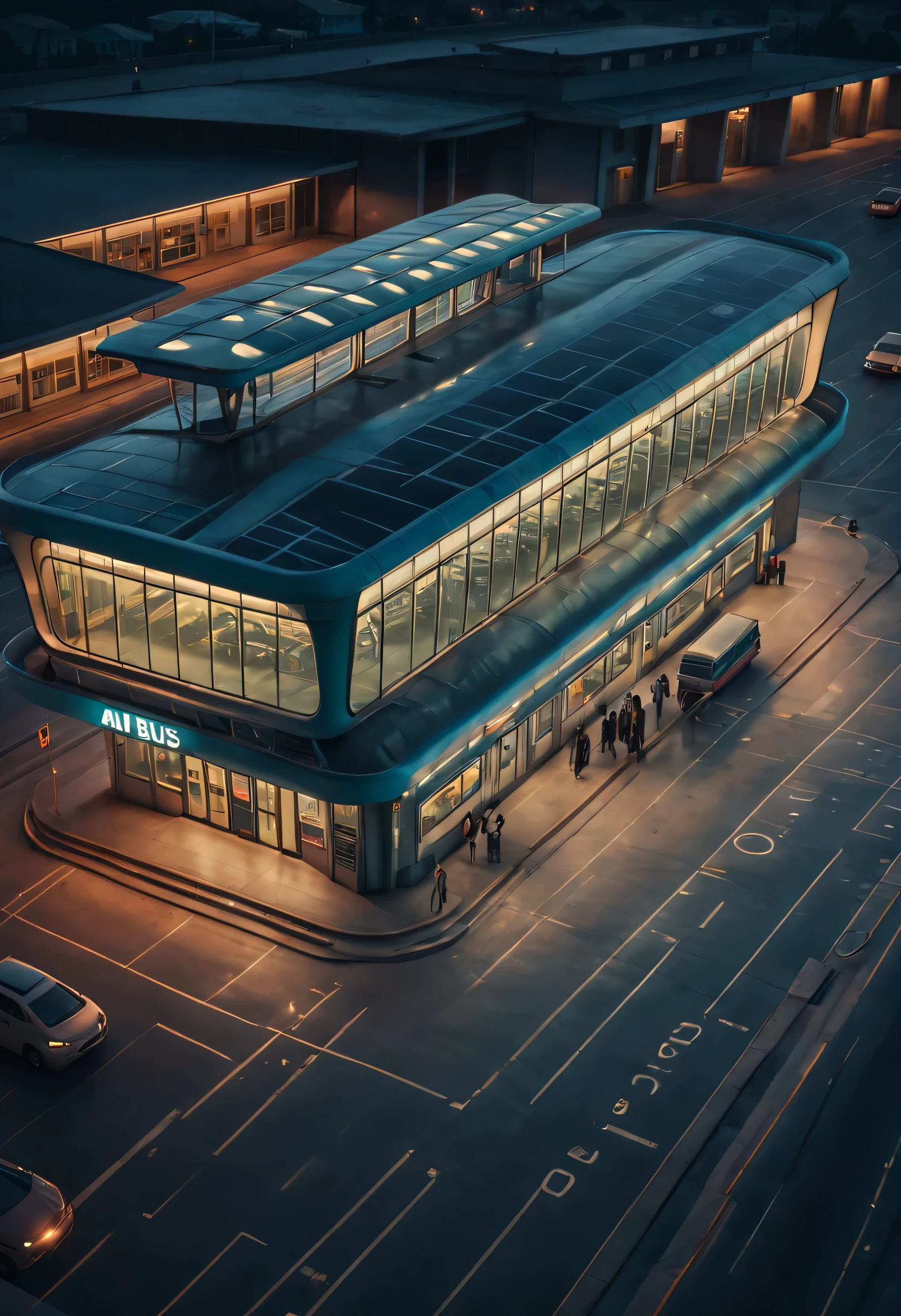 Aerial style, street photography style, ESTILO RETROFUTURISMO, Beautiful and meticulous，Evening character, The bus station building is located in a quiet town, real picture, 4k, with an original style，stop，people waiting for bus，