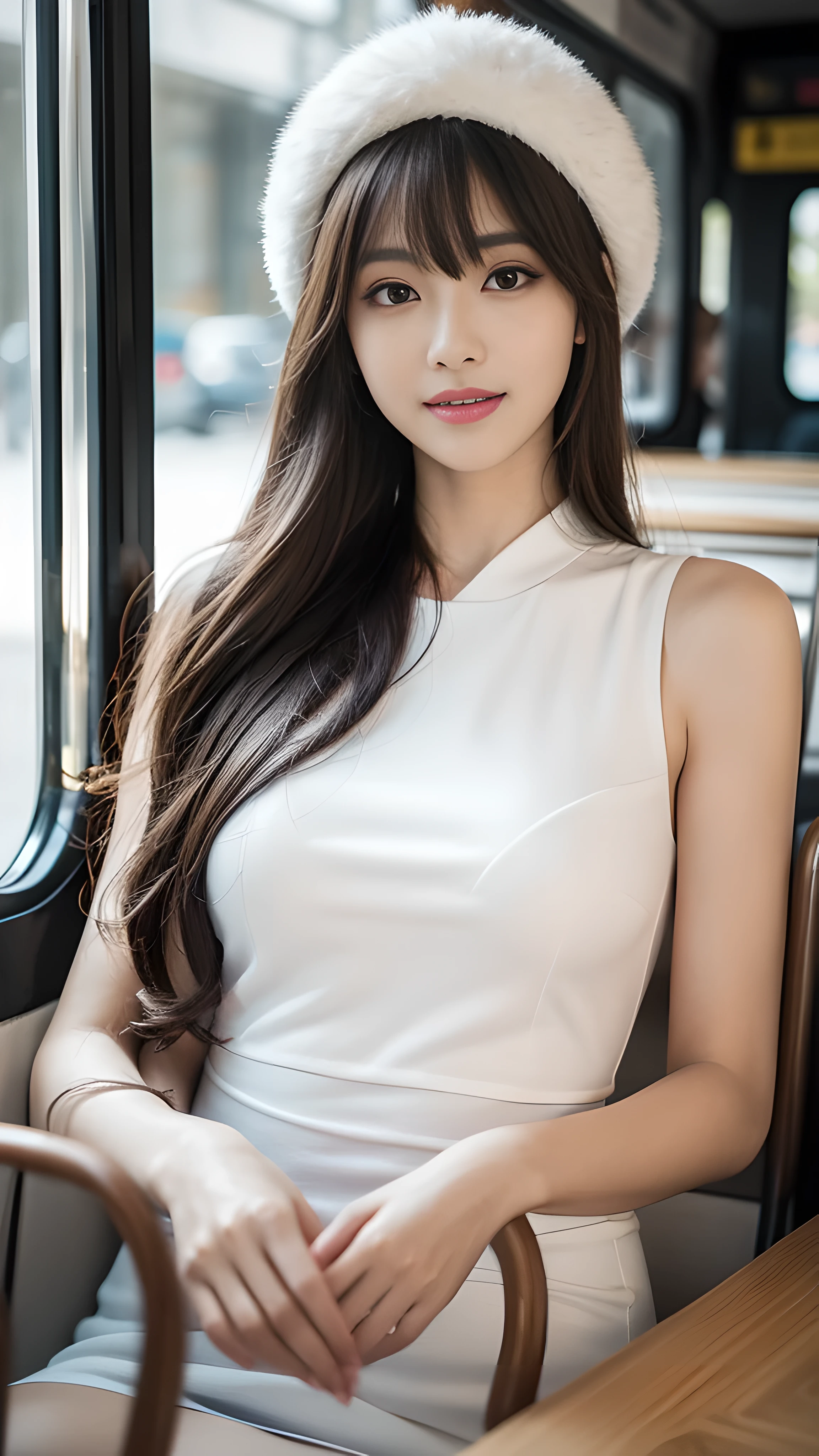 best quality, white skin, real human skin, (detailed face), oval face, pores, ultra high res, (8k, RAW photo, photorealistic:1.4), 1girl, slim, large-breast:1.37, (looking straight at viewer with a serene and goddess-like happiness:1.2), ( lifter gloss, eyelashes, gloss-face, best quality, ultra highres, Broad lighting, natural shading), teacher style fashion, sleeveless, white fashion Bodycon dress, black rubber belt, cityscape, fashion street venue, arms behind,