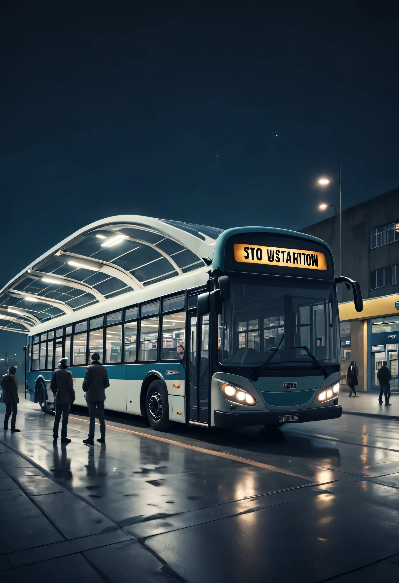 Aerial style, street photography style, ESTILO RETROFUTURISMO, Beautiful and meticulous,Evening character, The bus station building is located in a quiet town, real picture, 4k, with an original style,stop,people waiting for bus,