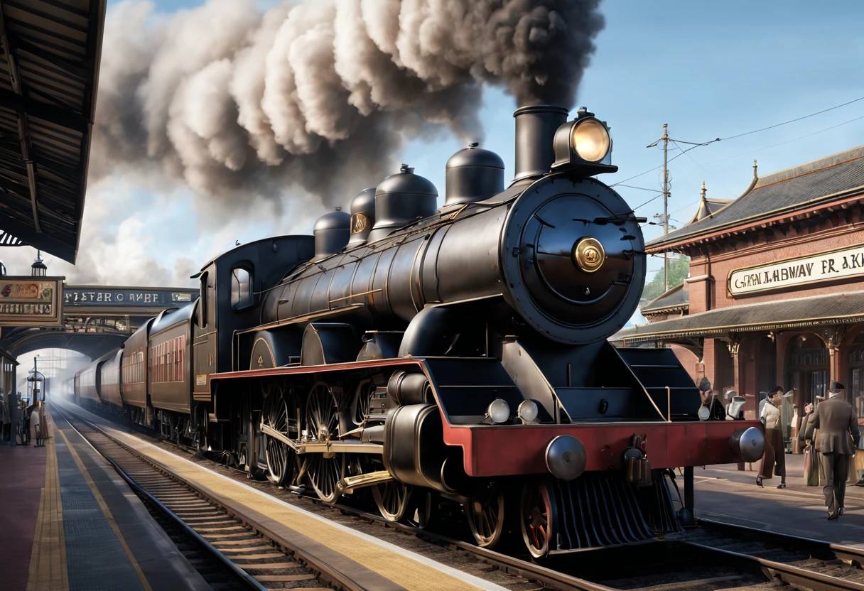 railway station, 柴油龐克railway station, Steam engine matte spray paint, Realistic concept art, Highly detailed matte, Realistic matte, Ultra-realistic matte, Highly realistic concept art, Luxurious matte painting, Inspired by Rudy Sisvanto, Realistic Disney, Magical realistic matte painting, 3D rendering matte