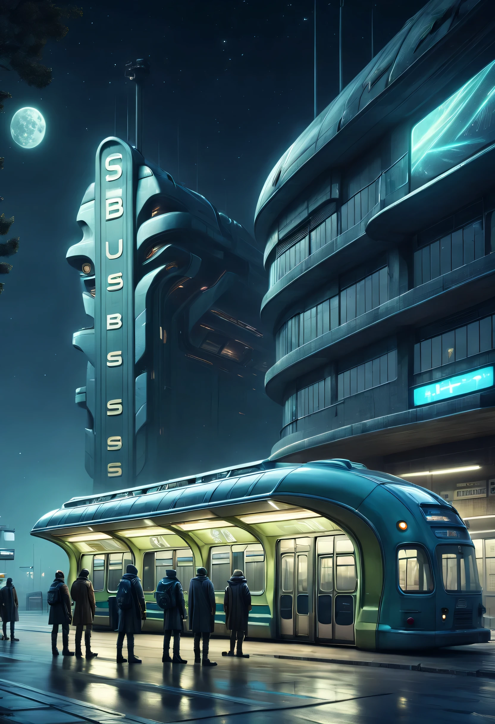 Aerial style, street photography style, ESTILO RETROFUTURISMO, Beautiful and meticulous,Evening character, The bus station building is located in a quiet town, real picture, 8k, with an original style,stop,people waiting for bus,ultra hd photography,futuristic science fiction,cyberpunk gothic,high quality,Ultra high detail,