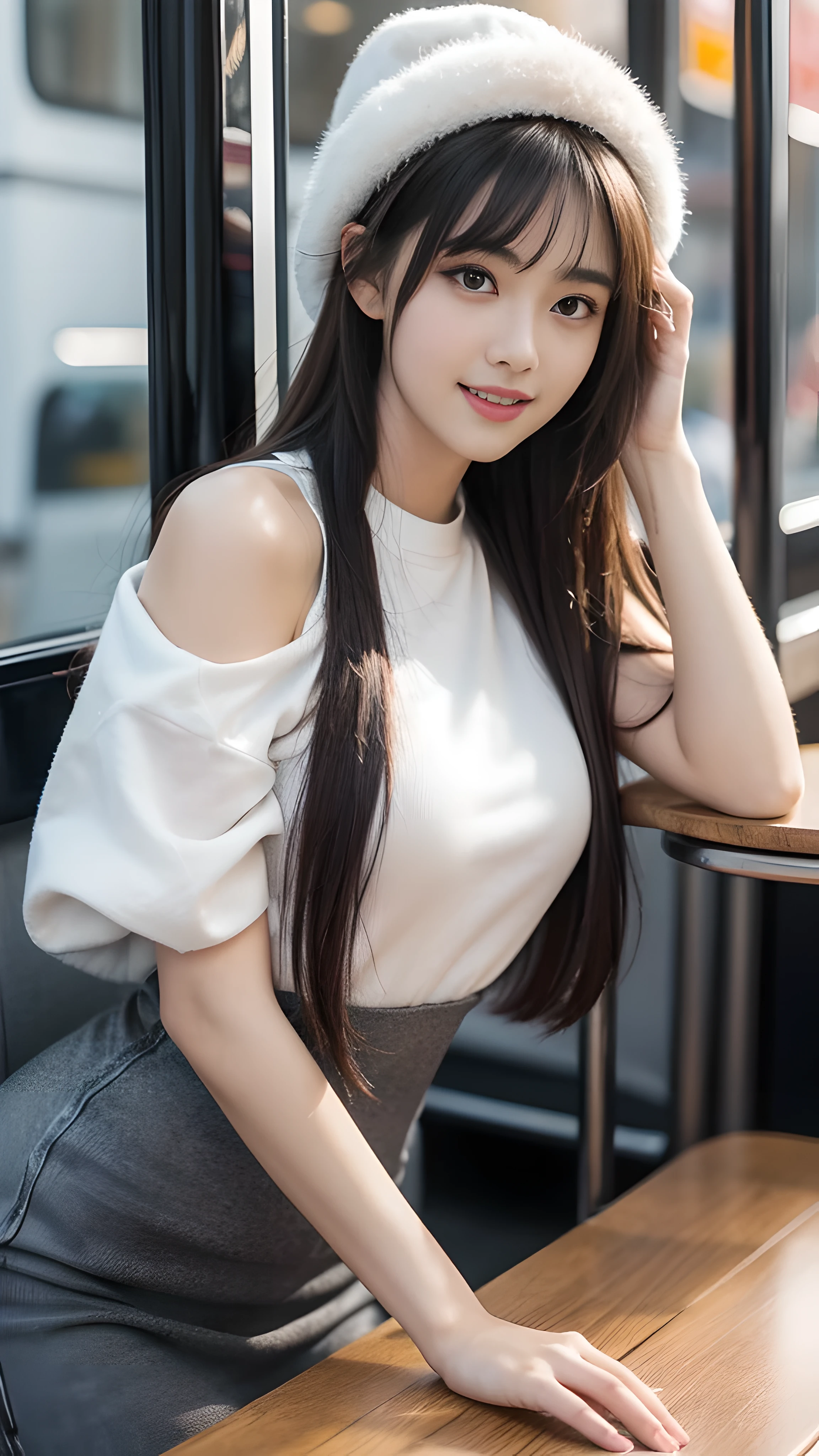 (table top:1.3), High resolution, Super detailed, Highly detailed CG Unity 8k wallpaper, realistic, photo-realistic, RAW photo, beautiful and detailed face, white skin, realistic skin, fine fabric texture, detailed hair texture, perfect proportions, beautiful face, Accurate, anatomically correct, Highly detailed face and skin texture, natural neck length, (beautiful hand air skin:1.2), thin legs, thin legs, fine eyes, symmetrical eyes, light brown eyes, double eyelid, thin eyebrows, (glossy lips:1.4), (goddess smile:1.2), 
break, 
(classy and cute girl:1.3), 
(medium big breasts), (slender body shape:1.2), 
(dark brown hair, wavy hair), ((long hair, asymmetrical bangs:1.2)), (upper body shot:1.2), 
 (by bus: 1.2),bus guide、night、cold winter season、winter fashion、outside、have、Random outfit with random colors, but、thave dress is so sexy、male