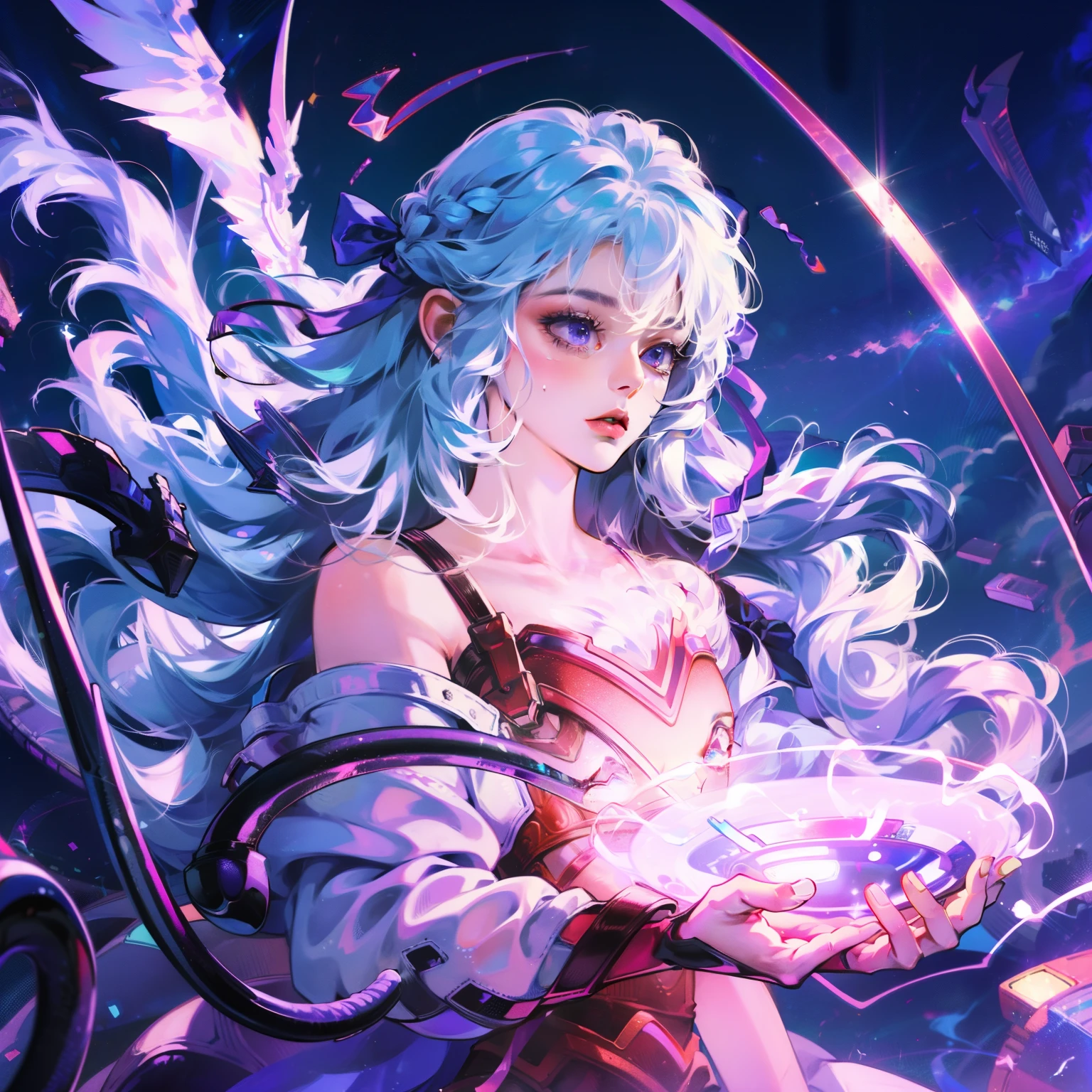 1 girl,high resolution, high quality, masterpiece, mxmk white dress, bare shoulders, purple eyes, white dress, braid，masterpiece，female student，Exquisite facial features，high quality，mystery，Extremely detailed，epic work, intricate details）(Sophisticated design，Super fine details：1.2)art station，(masterpiece，best quality)，Ultra high quality
