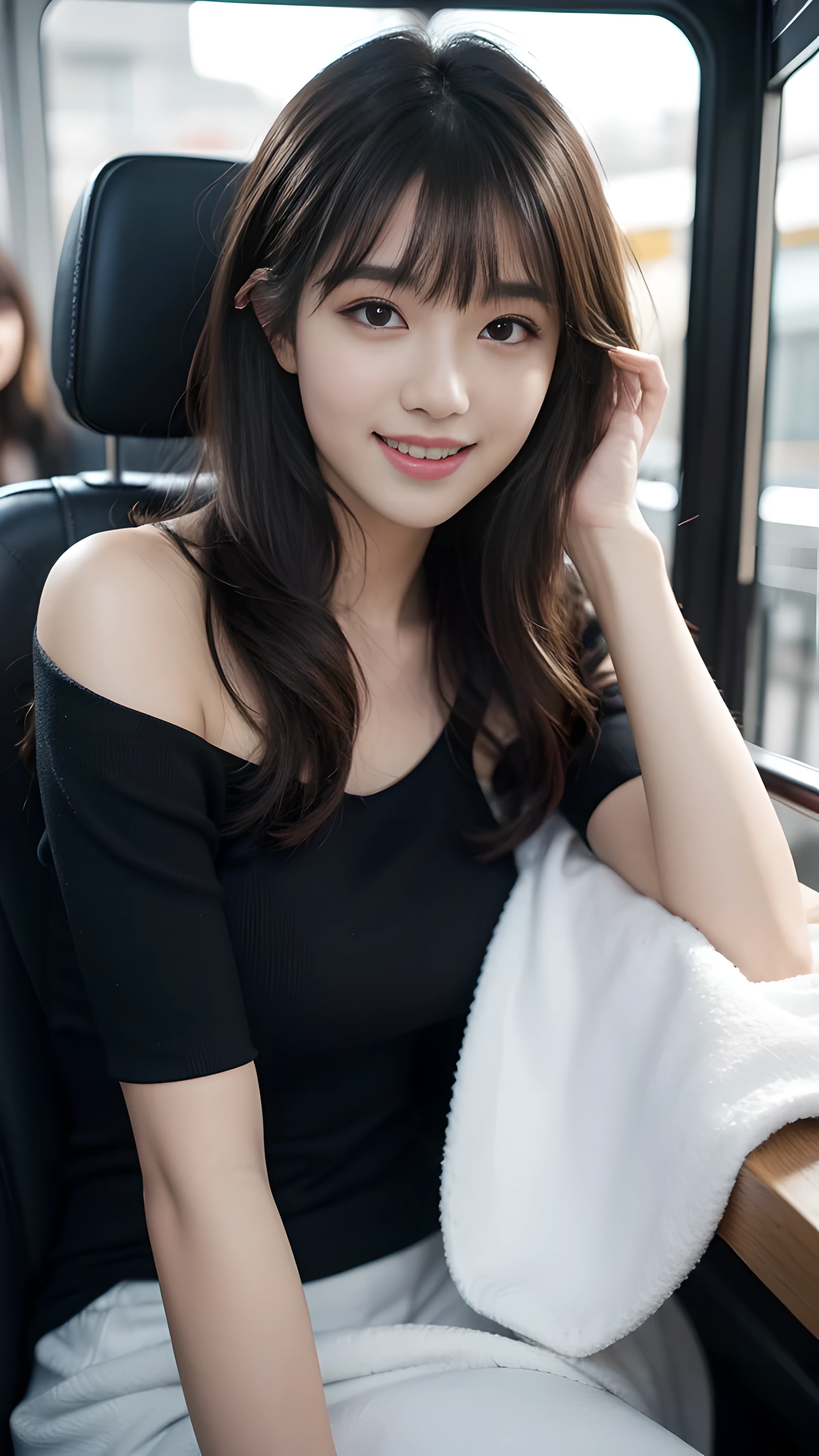 (table top:1.3), High resolution, Super detailed, Highly detailed CG Unity 8k wallpaper, realistic, photo-realistic, RAW photo, beautiful and detailed face, white skin, realistic skin, fine fabric texture, detailed hair texture, perfect proportions, beautiful face, Accurate, anatomically correct, Highly detailed face and skin texture, natural neck length, (beautiful hand air skin:1.2), thin legs, thin legs, fine eyes, symmetrical eyes, light brown eyes, double eyelid, thin eyebrows, (glossy lips:1.4), (goddess smile:1.2),
break,
(classy and cute girl:1.3),
(medium big breasts), (slender body shape:1.2),
(dark brown hair, wavy hair), ((long hair, asymmetrical bangs:1.2)), (upper body shot:1.2),
(by bus: 1.2),bus guide、night、cold winter season、winter fashion、outside、have、Random outfit with random colors, but、thave dress is so sexy、male